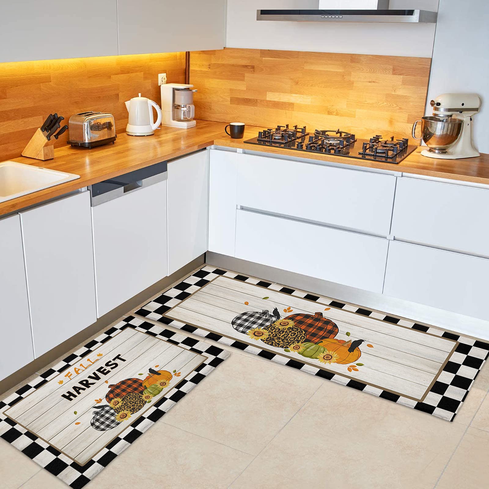 Chucoco 2-Piece Absorbent Kitchen Rug Set - Soft Plush Fall Decor with Pumpkin & Sunflower Design - Non-Slip Floor Mat for Kitchen, Bedroom, Laundry Room - Perfect for Thanksgiving & Autumn Home Decor