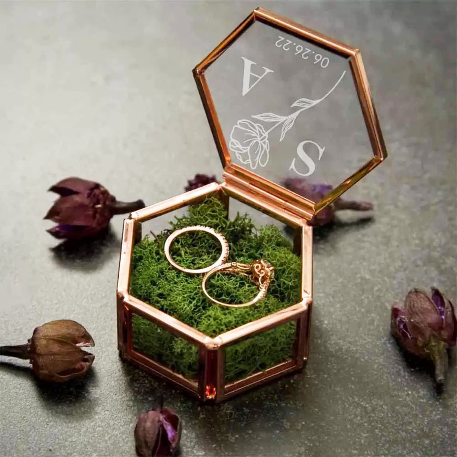 Custom Hexagon Glass Ring Box with Moss & Flower Petals - Personalized Engagement Jewelry Box for Wedding Ceremony, Valentines Gift - Perfect for Proposals, Vow Renewals & Romantic Occasions