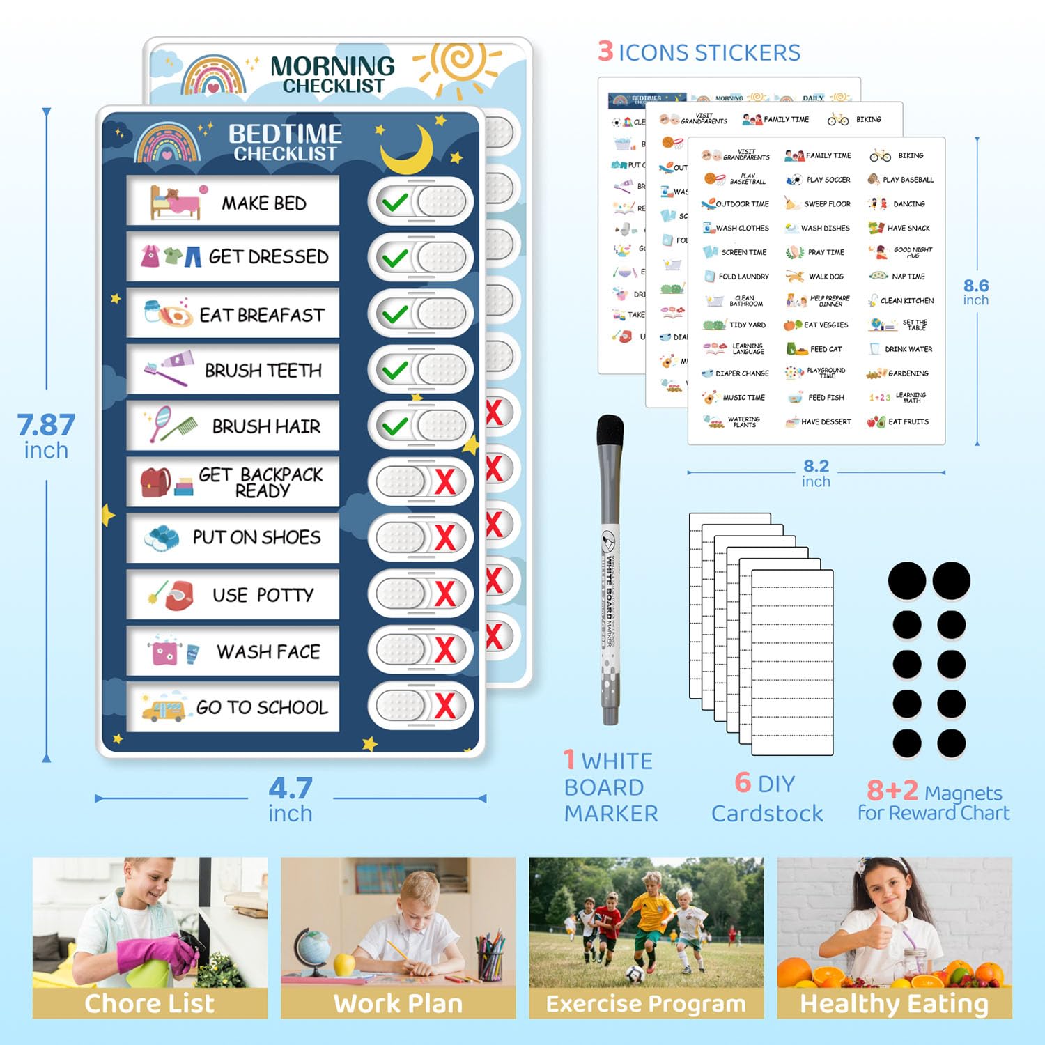 2 in 1 Magnetic Chore Chart for Kids - Morning & Bedtime Routine Schedule Board with Visual Checklist - ADHD Tools for Toddlers & Children - Perfect for Home Organization & Daily Task Management