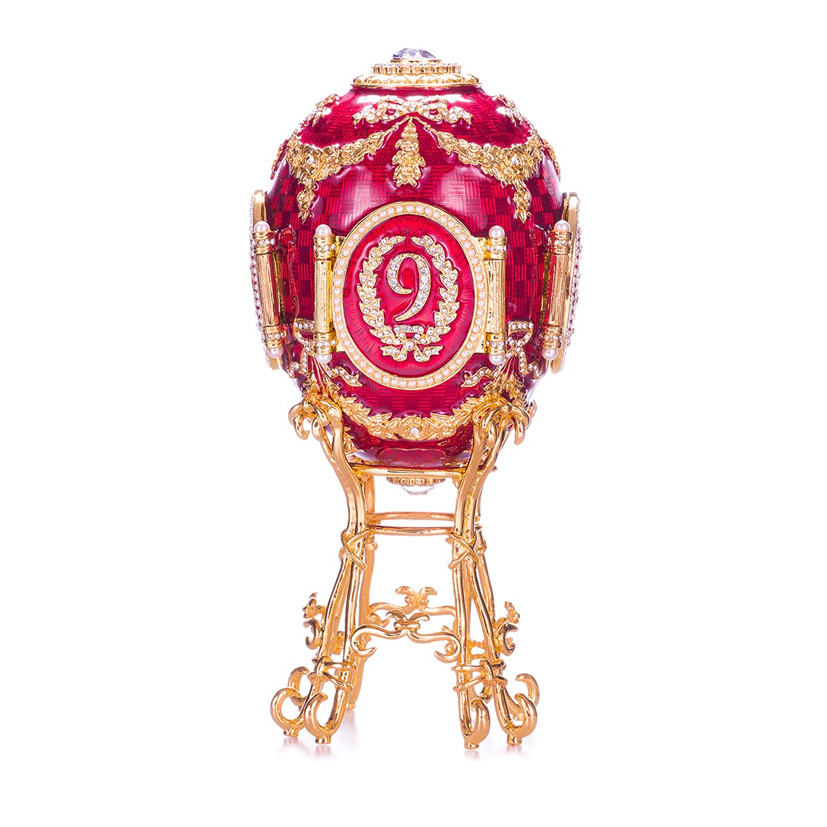 Danila-Souvenirs Faberge Style Caucasus Egg Jewelry Box with Photo Frames - 7.2 Inch (18 cm) Red Handmade Trinket Box - Perfect for Gift Giving, Home Decor & Jewelry Storage