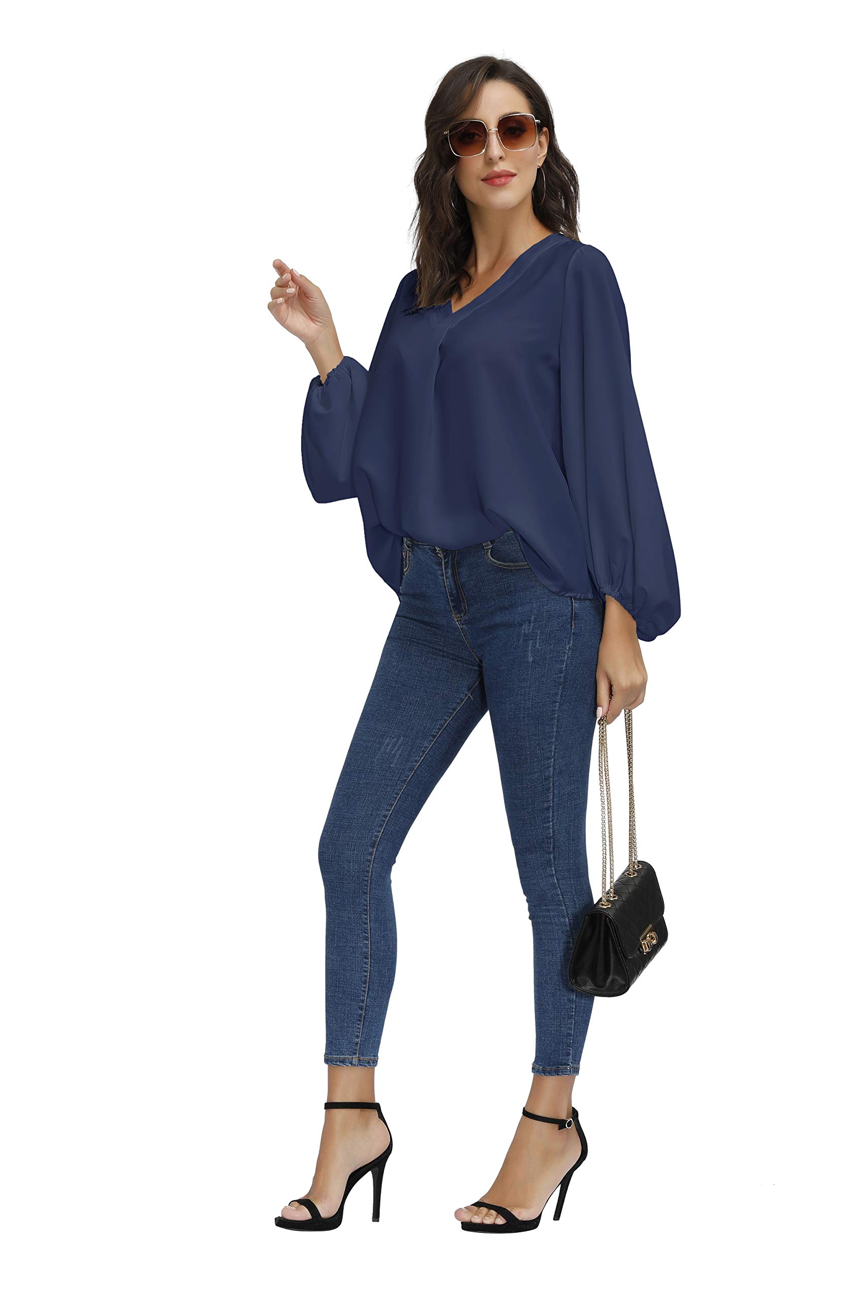 BUENOS NINOS Women's Floral V-Neck Balloon Sleeve Blouse - Elegant Long Sleeve Loose Tunic Top for Work, Date Night & Casual Outings