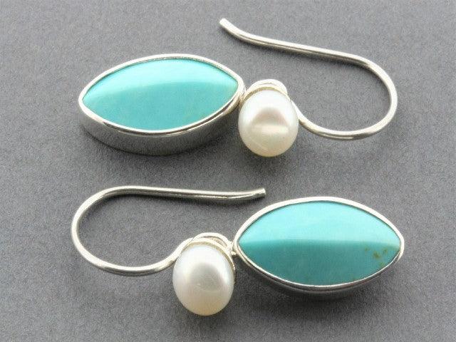 Elegant Almond-Shaped Turquoise & Freshwater Pearl Earrings in Sterling Silver – Perfect for Weddings, Parties & Special Occasions