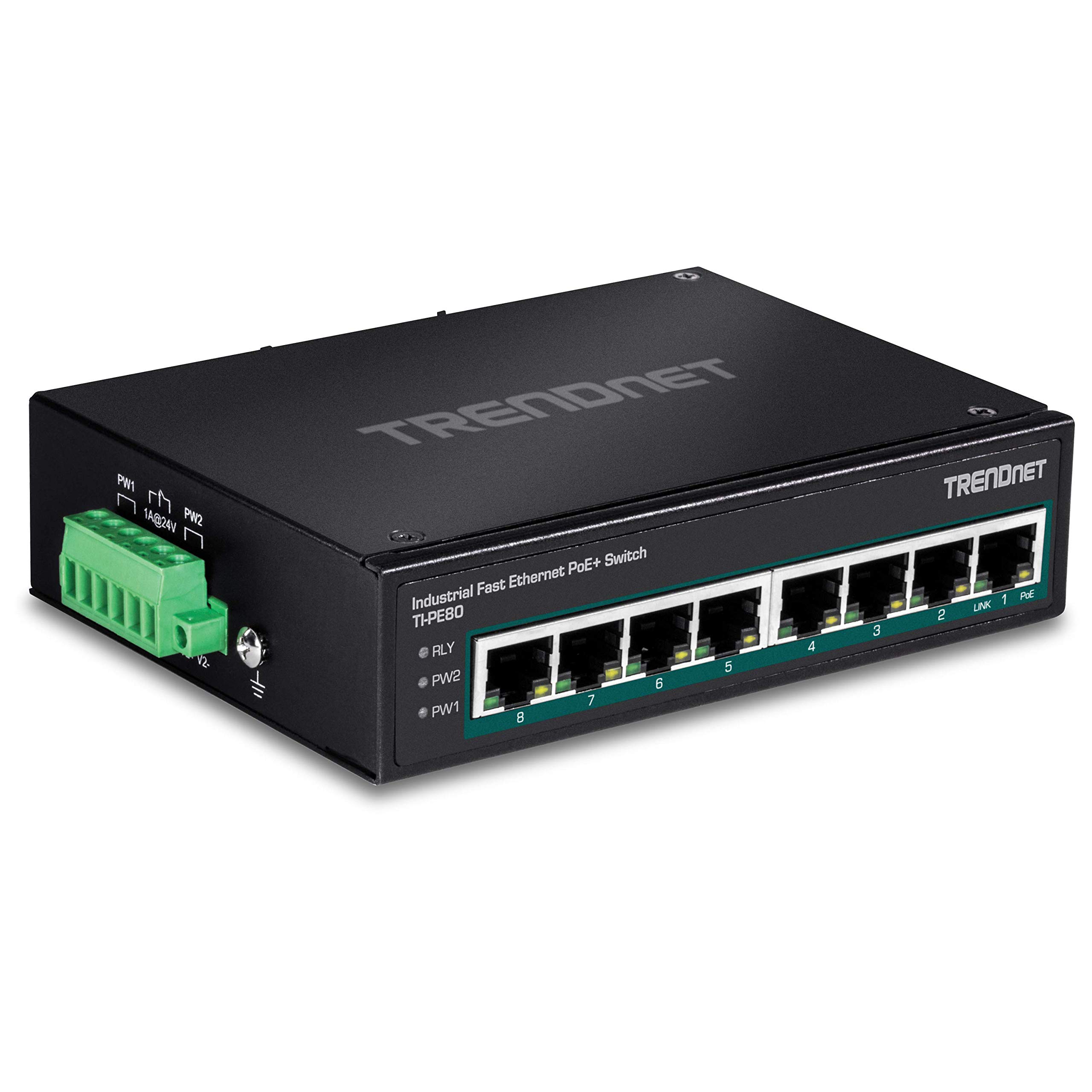 TRENDnet TI-PE80 8-Port Industrial Fast Ethernet PoE+ DIN-Rail Switch - 200W Power Budget, 1.6Gbps Capacity, IP30 Rated for Harsh Environments - Ideal for Factory Automation, Security Systems & Industrial IoT Networks