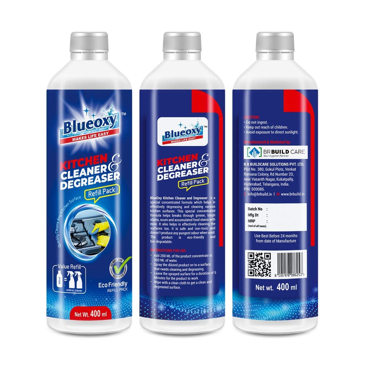 BLUEOXY Kitchen Cleaner & Degreaser Refill Pack - Heavy Duty Grease Remover for Stovetops, Ovens, Countertops | Eco-Friendly Formula | 400ml (Pack of 1) | Perfect for Deep Cleaning Kitchen Surfaces, Appliances and Removing Tough Oil Stains