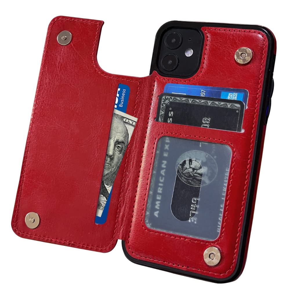 MIDOLA Leather Wallet Case for iPhone 11 - Card Holder & Protective Cover with RFID Blocking (6.1 Inch, Red) | Perfect for Everyday Use, Travel & Hands-Free Convenience