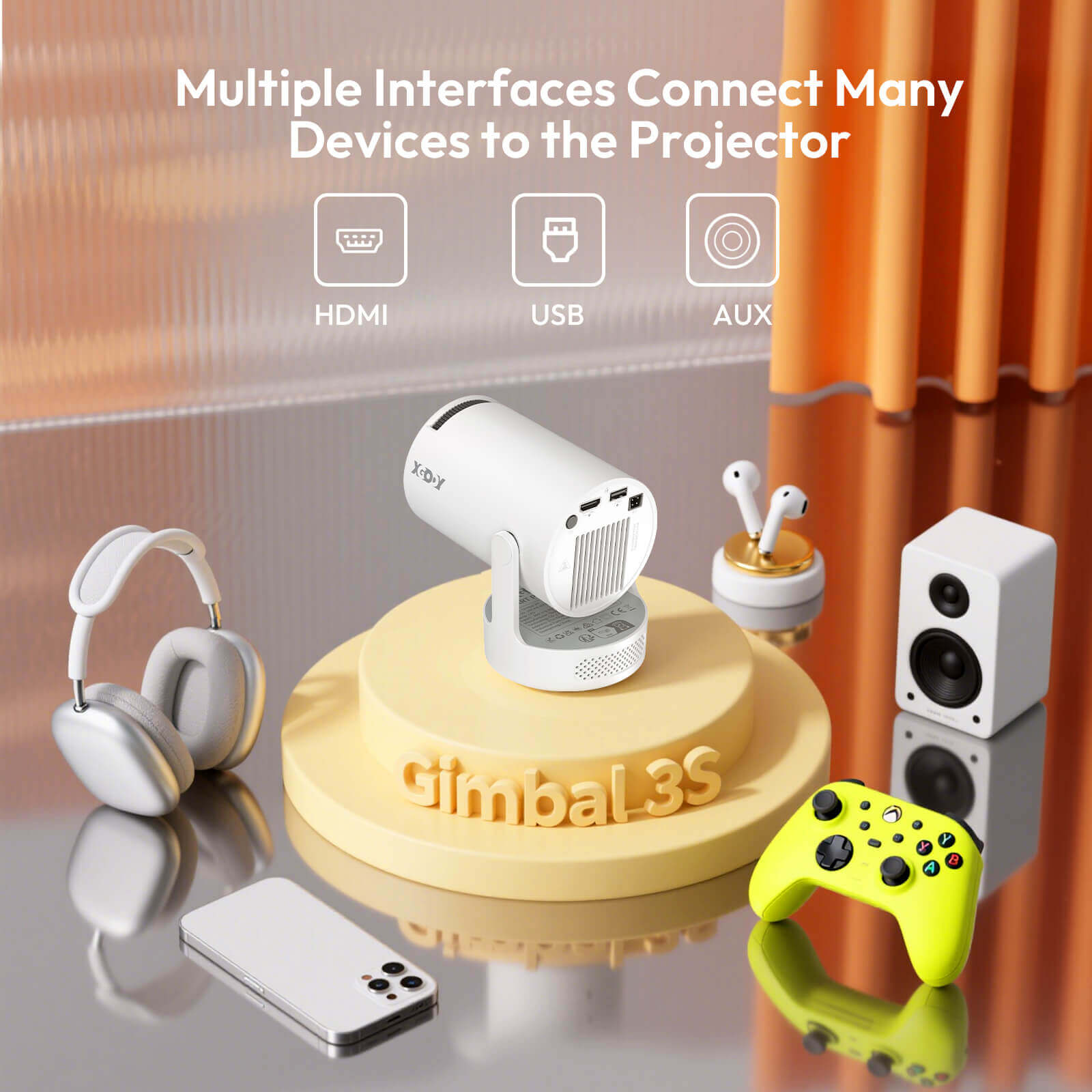 XGODY Gimbal 3S Portable Short Throw Projector with Android 11.0, Bluetooth & WiFi 6 - Home Theater, Outdoor Movie Nights, Gaming & Office Presentations