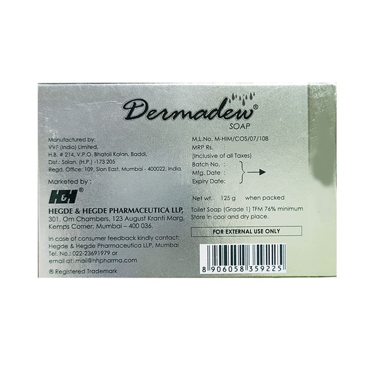 Dermadew 125g Soap Bar for Sensitive Skin - Gentle Cleansing & Moisturizing - Pack of 1 - Perfect for Daily Face & Body Wash, Eczema & Dry Skin Care