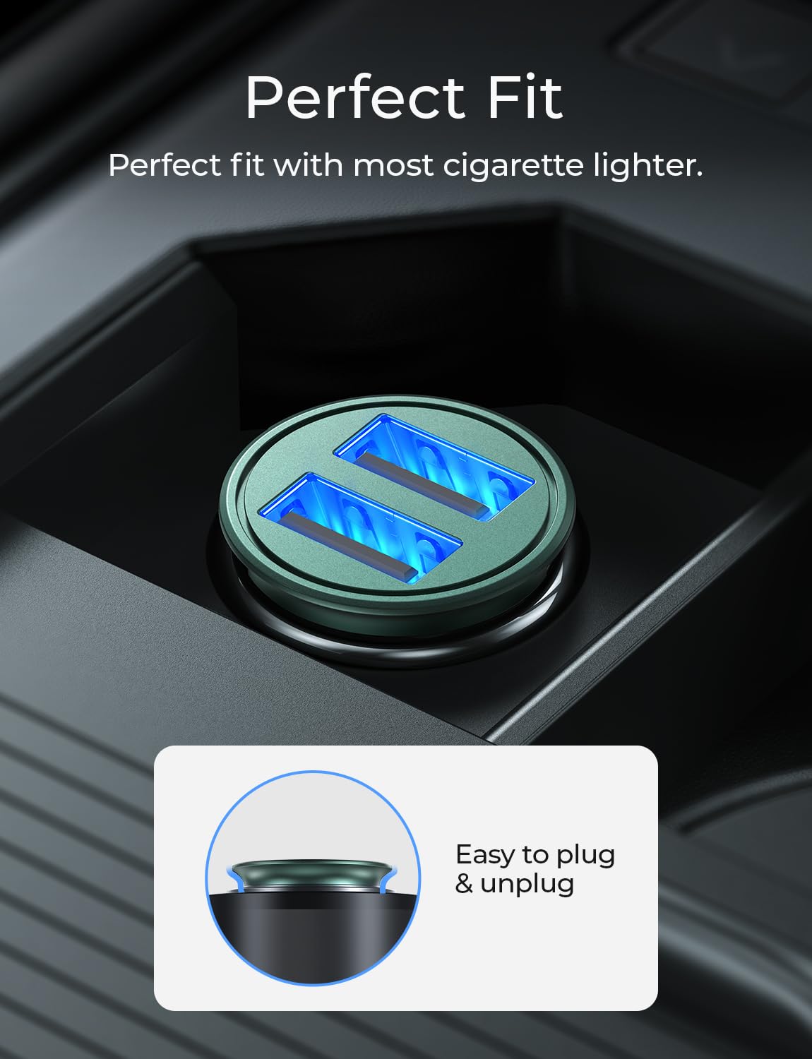 AINOPE Smallest Metal Car Charger Adapter - 4.8A Dual USB Port 12V Fast Charger for iPhone 16 Pro Max/15/14, iPad Air, Samsung Galaxy S25/S24 Ultra - Flush Fit Design (Green) | Perfect for Road Trips & Daily Commuting
