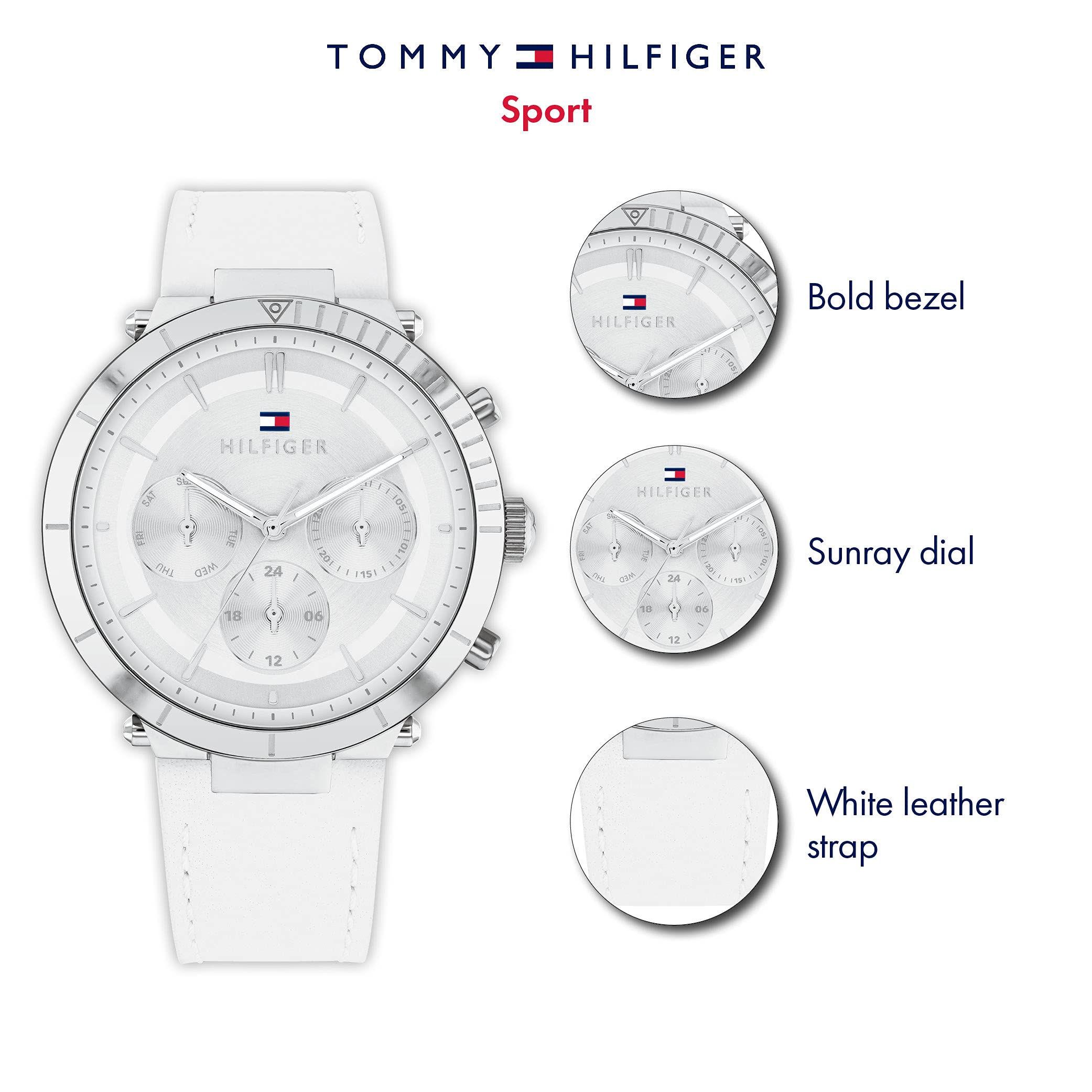 Tommy Hilfiger Women's Quartz Multifunction Stainless Steel & Leather Strap Casual Watch - White (Model 1782352) | Perfect for Office, Daily Wear & Fashion Accessories