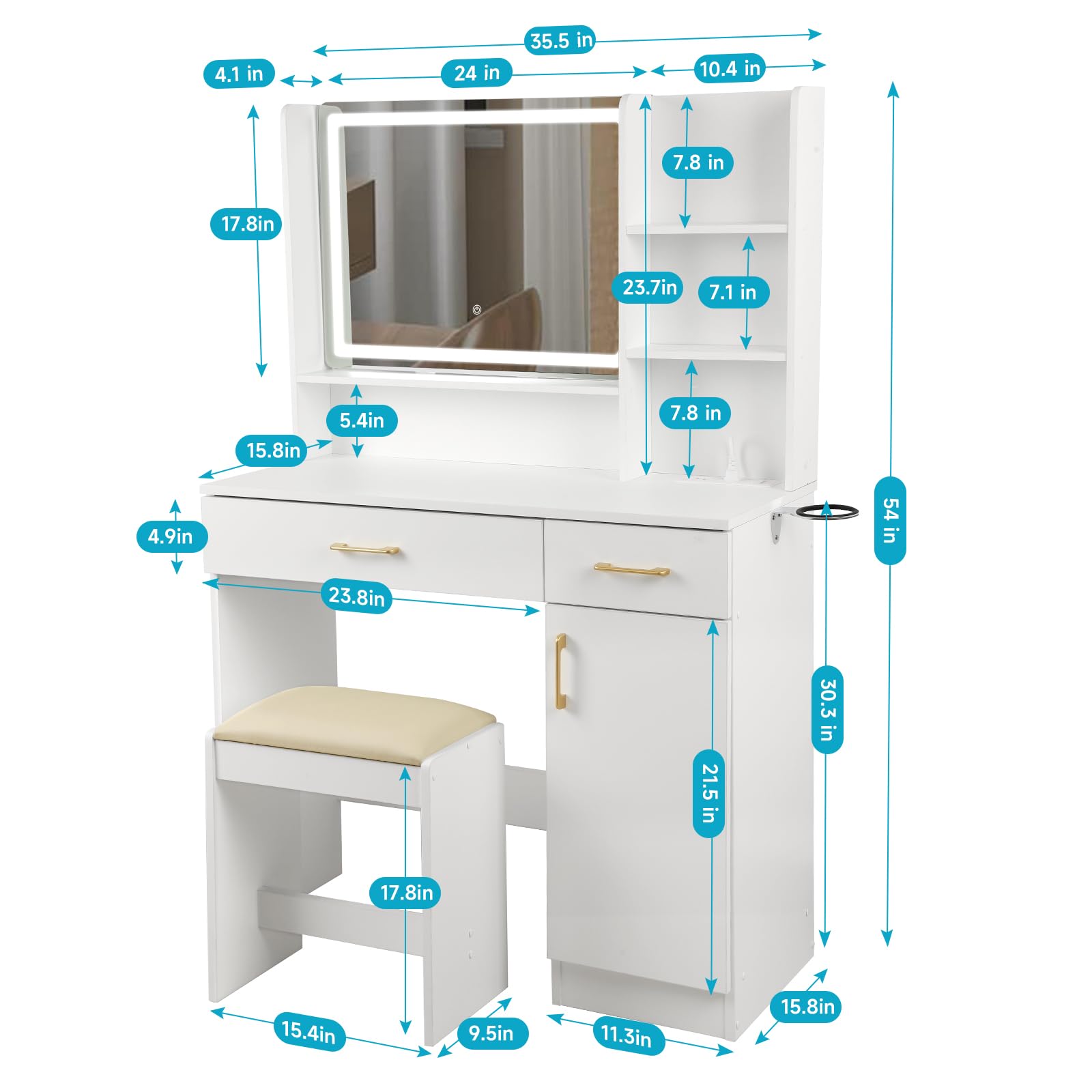 Elegant White Vanity Set with LED Lights, Mirror, Drawers & USB Charging Station - Includes Stool & Storage Organizer for Bedroom, Dressing Room or Makeup Studio