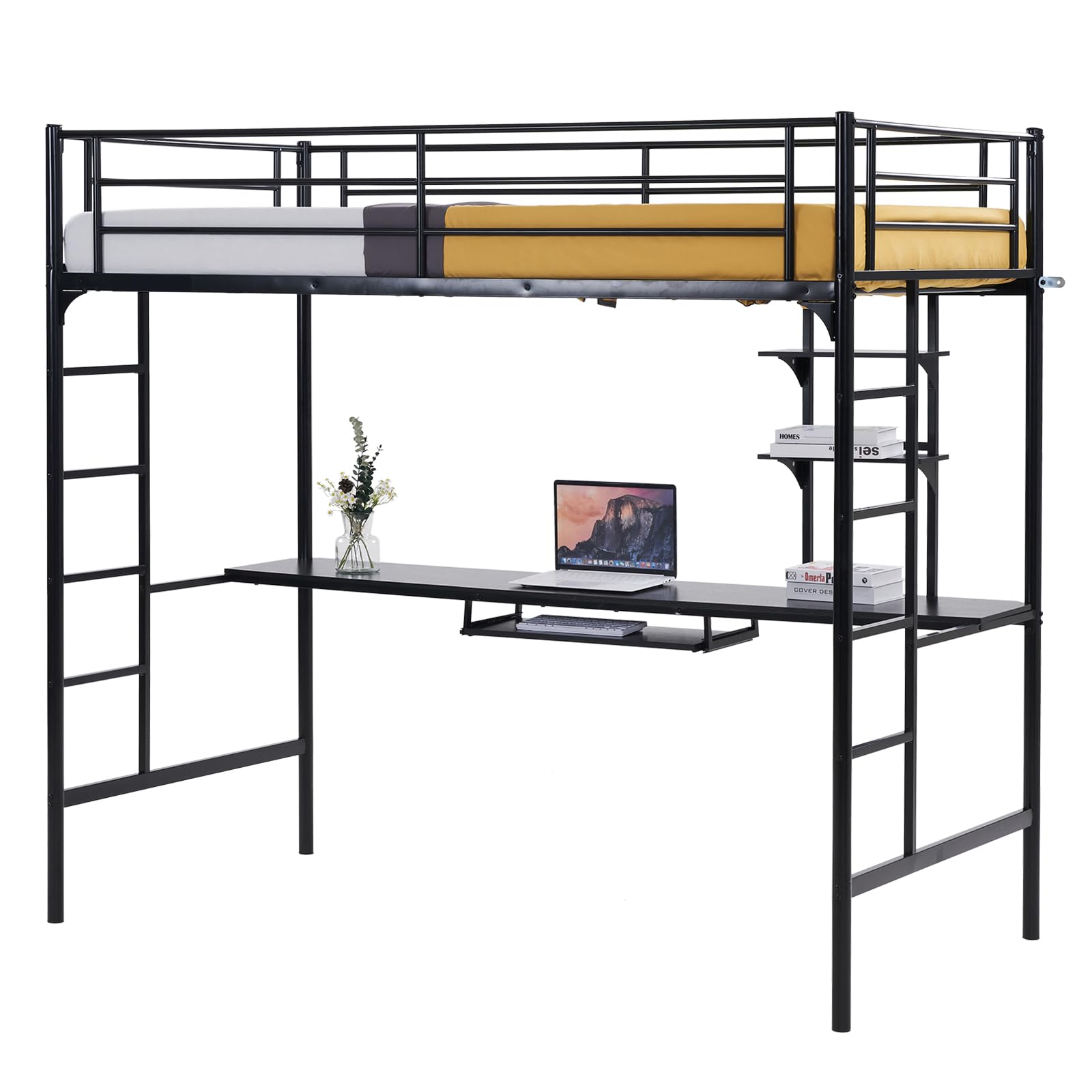 Karl Home Twin Loft Bed with Desk & Storage Shelves - Space Saving Bunk Bed for Kids, Teens & Adults - No Box Spring Needed - Quiet Study & Sleep Solution - Perfect for Small Bedrooms, Dorms & Apartments (Black)