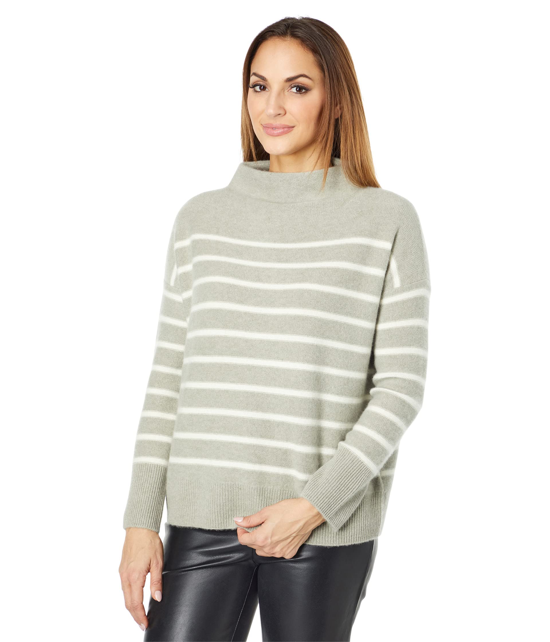 Vince Breton 100% Cashmere Striped Boiled Wool Funnel Neck Sweater for Women | Warm Winter Pullover for Casual & Office Wear