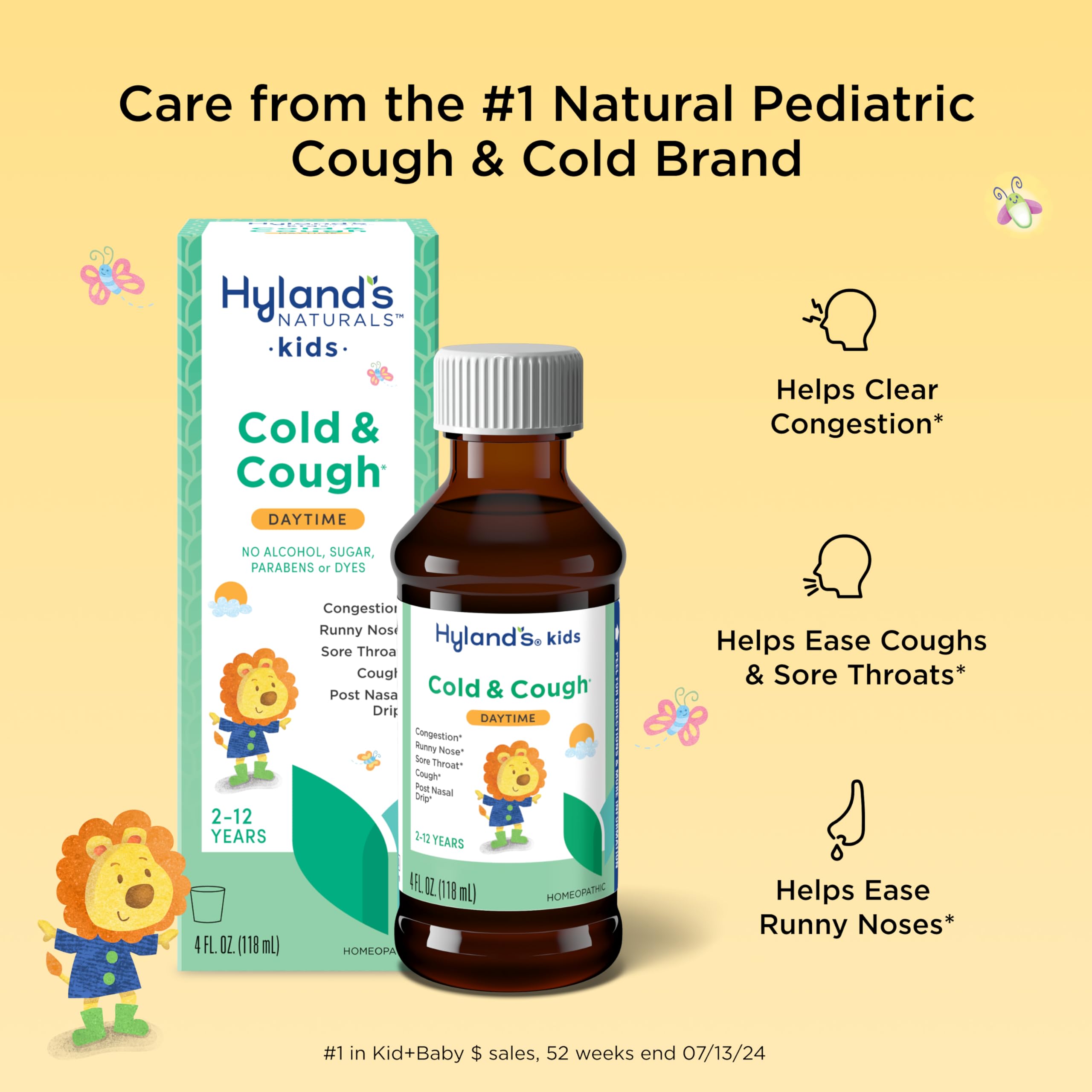 Hyland's Kids Cold & Cough Relief Syrup - Natural Daytime Decongestant & Sore Throat Medicine for Children Ages 2+ | Safe Herbal Remedy for Common Cold Symptoms | 4 Fl Oz | Perfect for School, Travel & Home Use