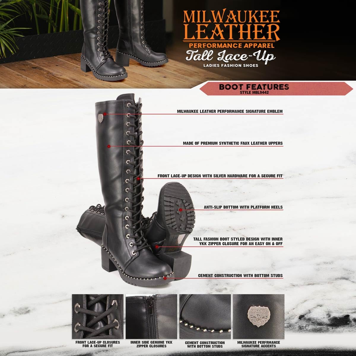 Milwaukee Leather MBL9442 Women's Black Lace-Up Tall Biker Boots with Platform Heel & Studs - Stylish Motorcycle Riding & Fashion Boots for Everyday Wear