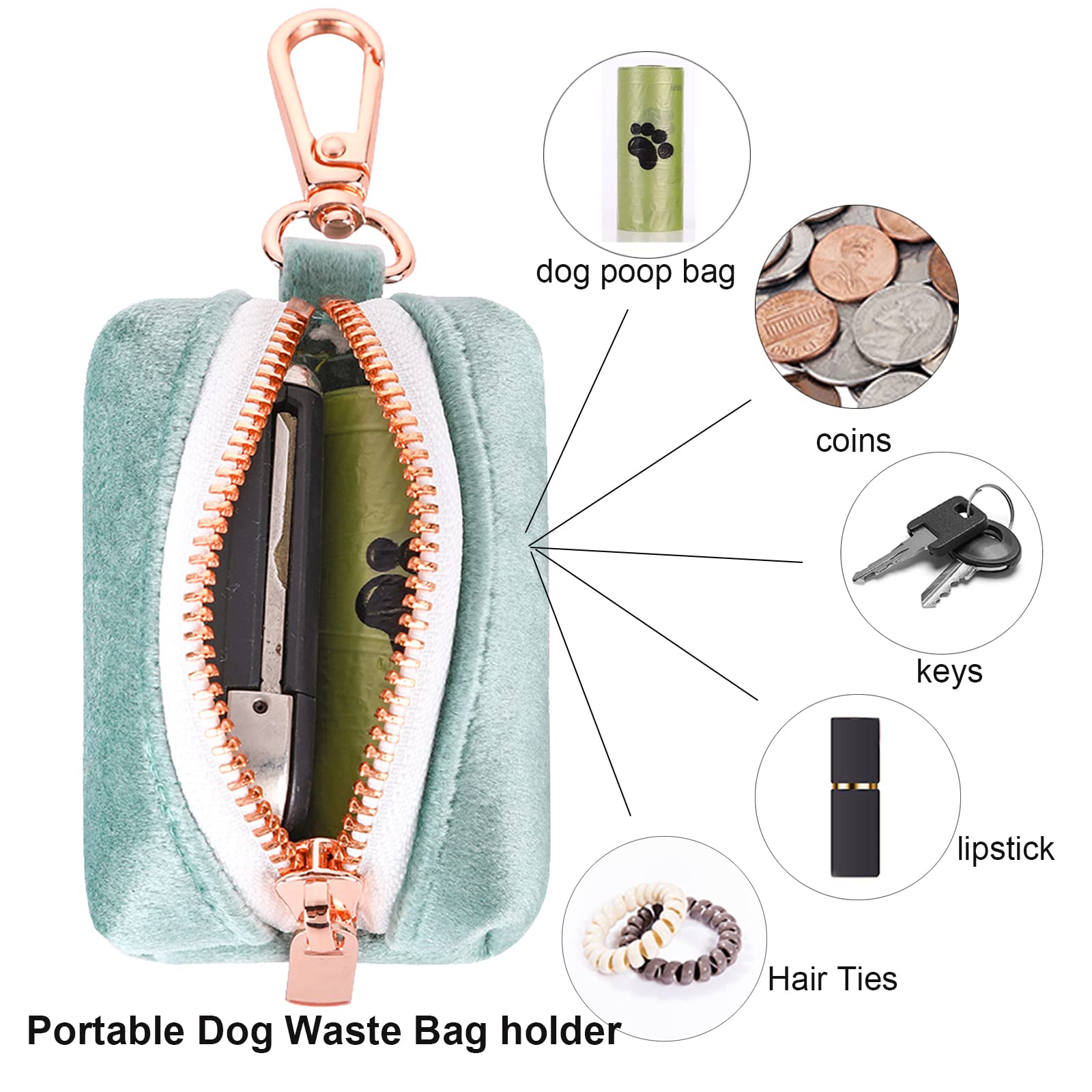 ARING PET Dog Waste Bag Dispenser - Velvet Green Poop Bag Holder for Leashes | Portable, Washable Pet Waste Pouch with Metal Zipper | Perfect for Walking, Hiking & Outdoor Dog Activities