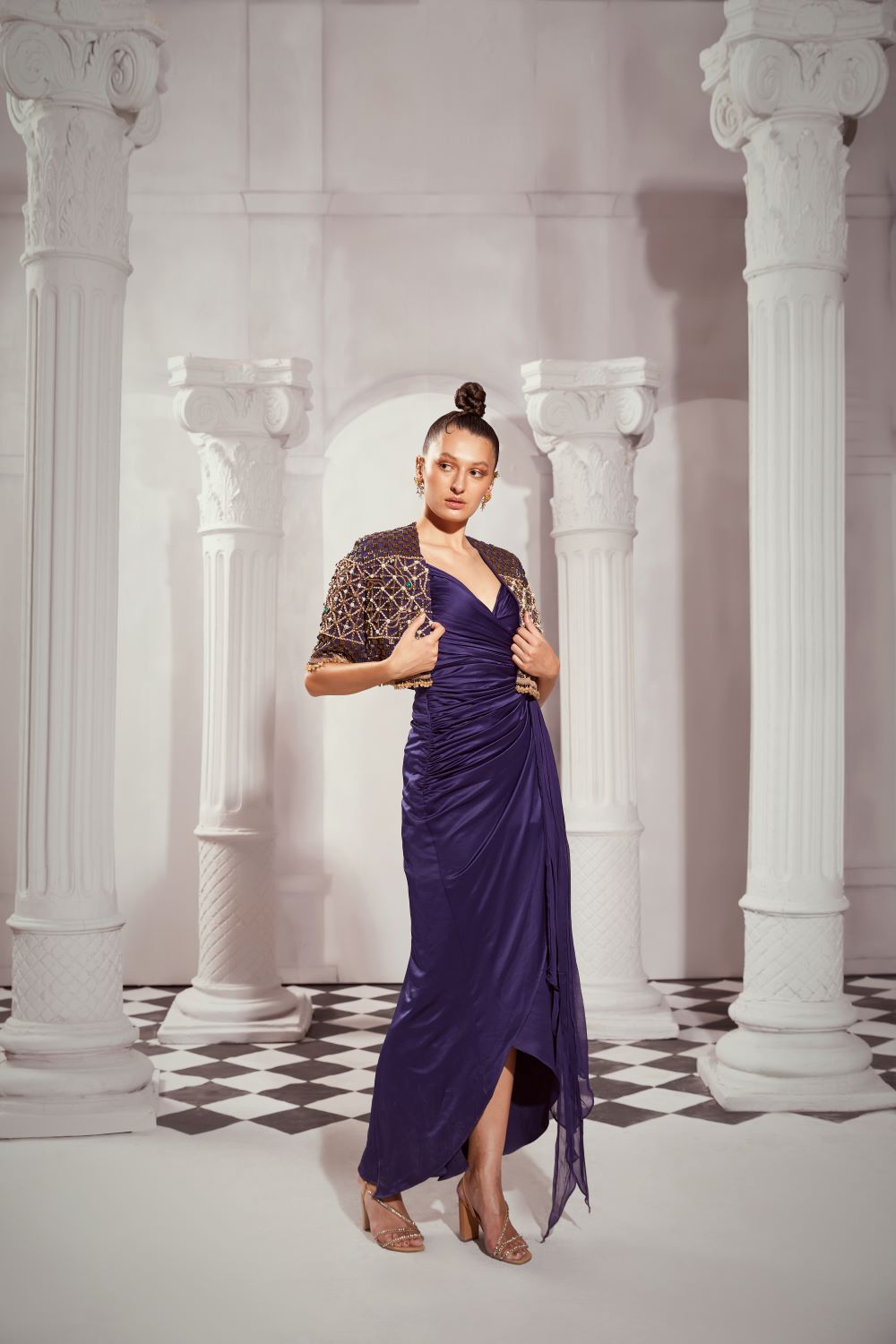 Elegant Navy Blue Draped Dress for Women - Formal Evening Gown & Cocktail Party Attire - Perfect for Weddings, Galas, and Special Occasions