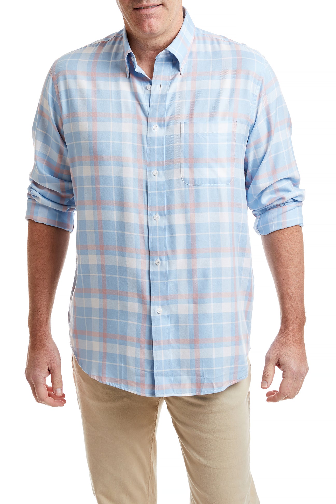 Men's Chase Blue Dress Shirt with Pink Windowpane Check Pattern - Perfect for Business Casual & Office Wear