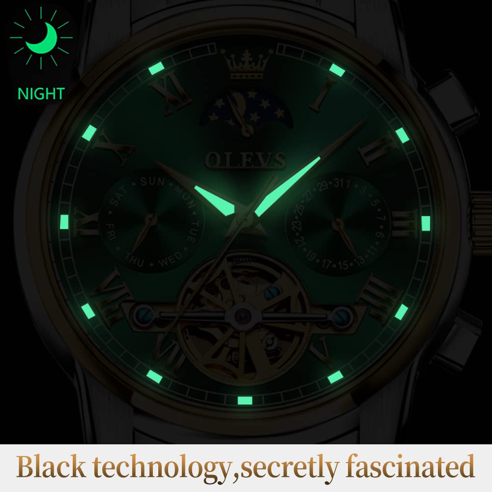 OLEVS Men's Automatic Mechanical Tourbillon Watch - Self-Winding Luxury Stainless Steel Waterproof Wristwatch with Luminous Hands & Date Display | Perfect for Business, Formal Events & Everyday Wear