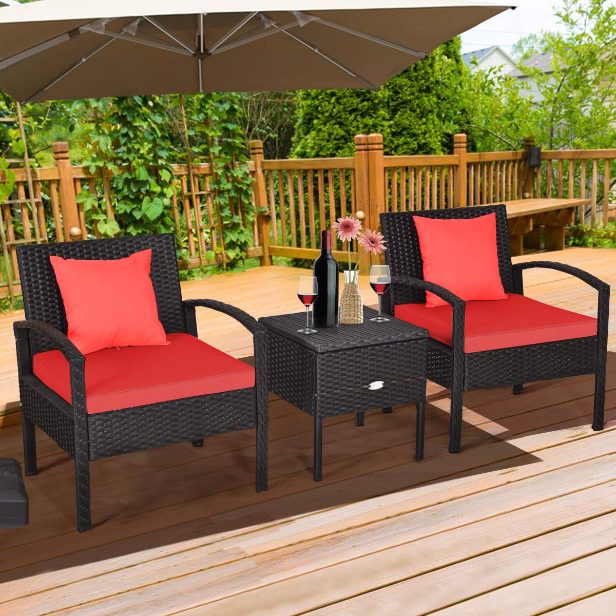 Tangkula 3-Piece Patio Conversation Set with Washable Cushions & Storage Coffee Table - Outdoor Wicker Furniture for Backyard, Porch, Garden, Poolside - Durable Rattan Sofa Set (Red) | Perfect for Relaxing, Entertaining Guests, and Enjoying Outdoor Living Spaces