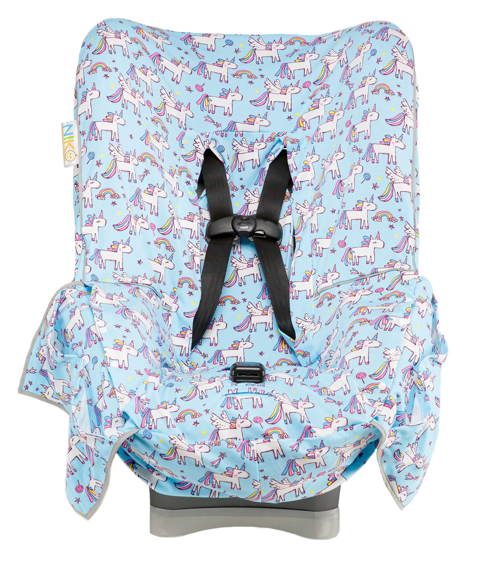 Niko Easy-Wash Universal Toddler Car Seat Cover & Liner - 100% Cotton Jersey Blue Unicorn Design - Waterproof Seat Bottom - Machine Washable - Fits Most Child Car Seats - Perfect for Travel, Daily Commute & Baby Protection