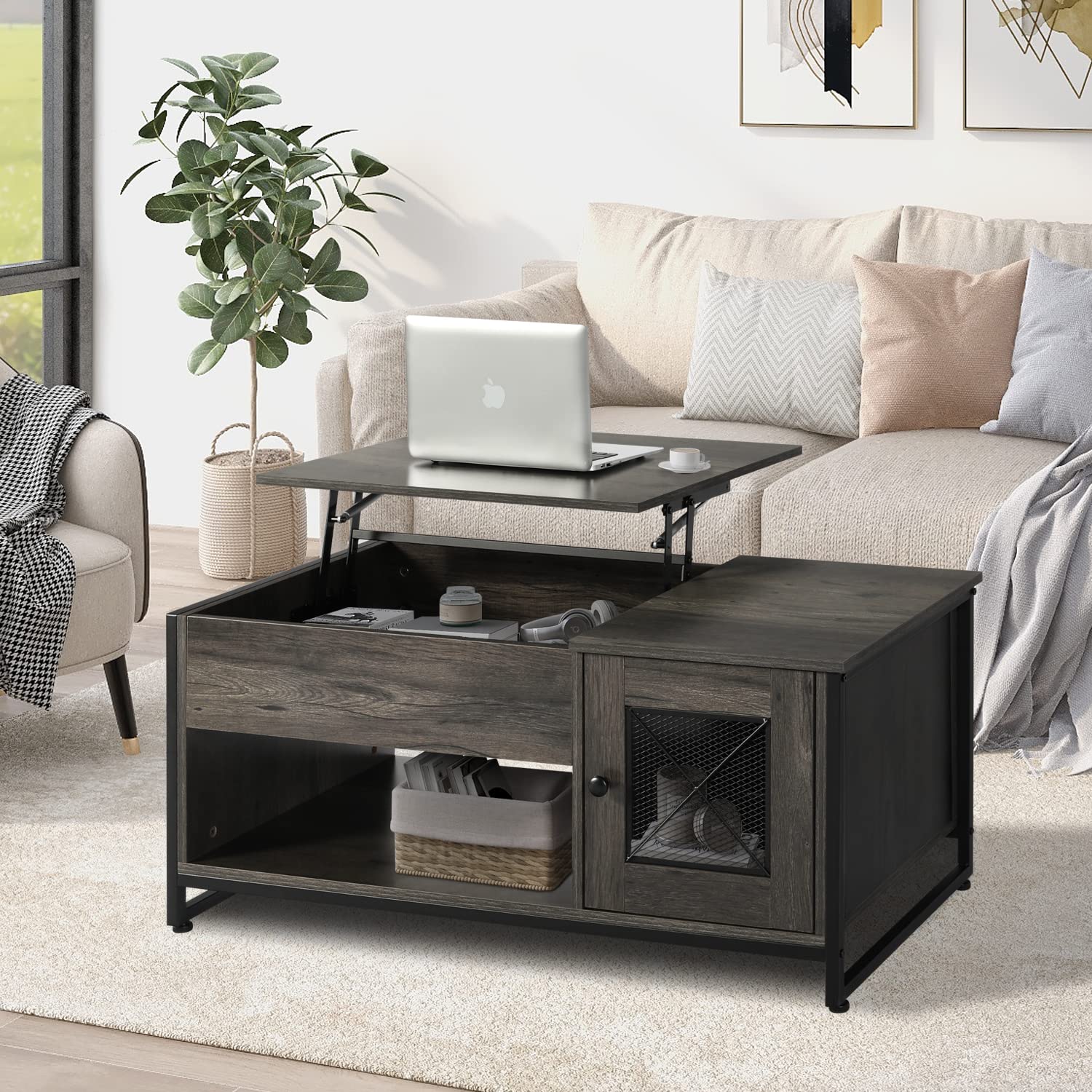 GBU Industrial Lift Top Coffee Table - Modern Living Room Table with Hidden Compartments & Mesh Cabinet, Convertible Lift Tabletop for Dining, Work or Study - Perfect for Home Office, Reception Area & Small Spaces (Black)