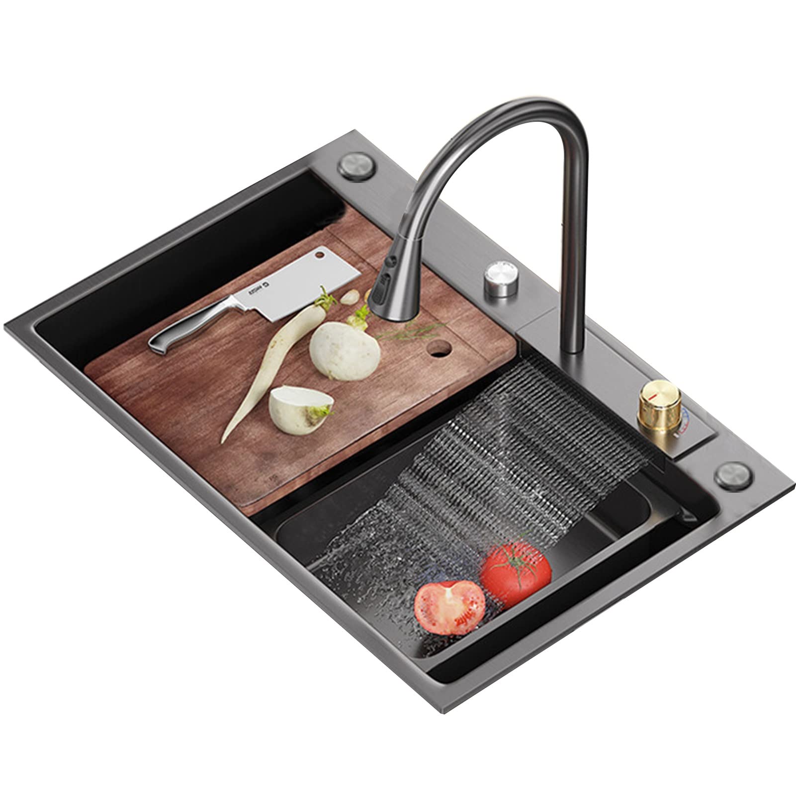 WooDeY 304 Stainless Steel Nano Raindance Waterfall Kitchen Sink with Pull-Out Faucet - Single Bowl Large Sink with Drain Strainer & Accessories - Perfect for Modern Kitchens & Restaurant Prep Stations