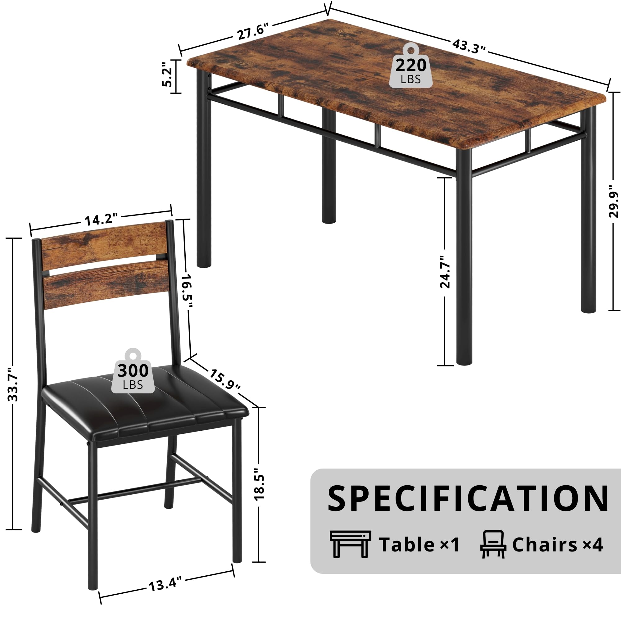 IRONCK 4-Piece Wooden Dining Table Set with Upholstered Chairs - Compact Kitchen & Dining Room Table for Small Spaces in Rustic Brown | Perfect for Apartments, Breakfast Nooks & Cozy Family Meals