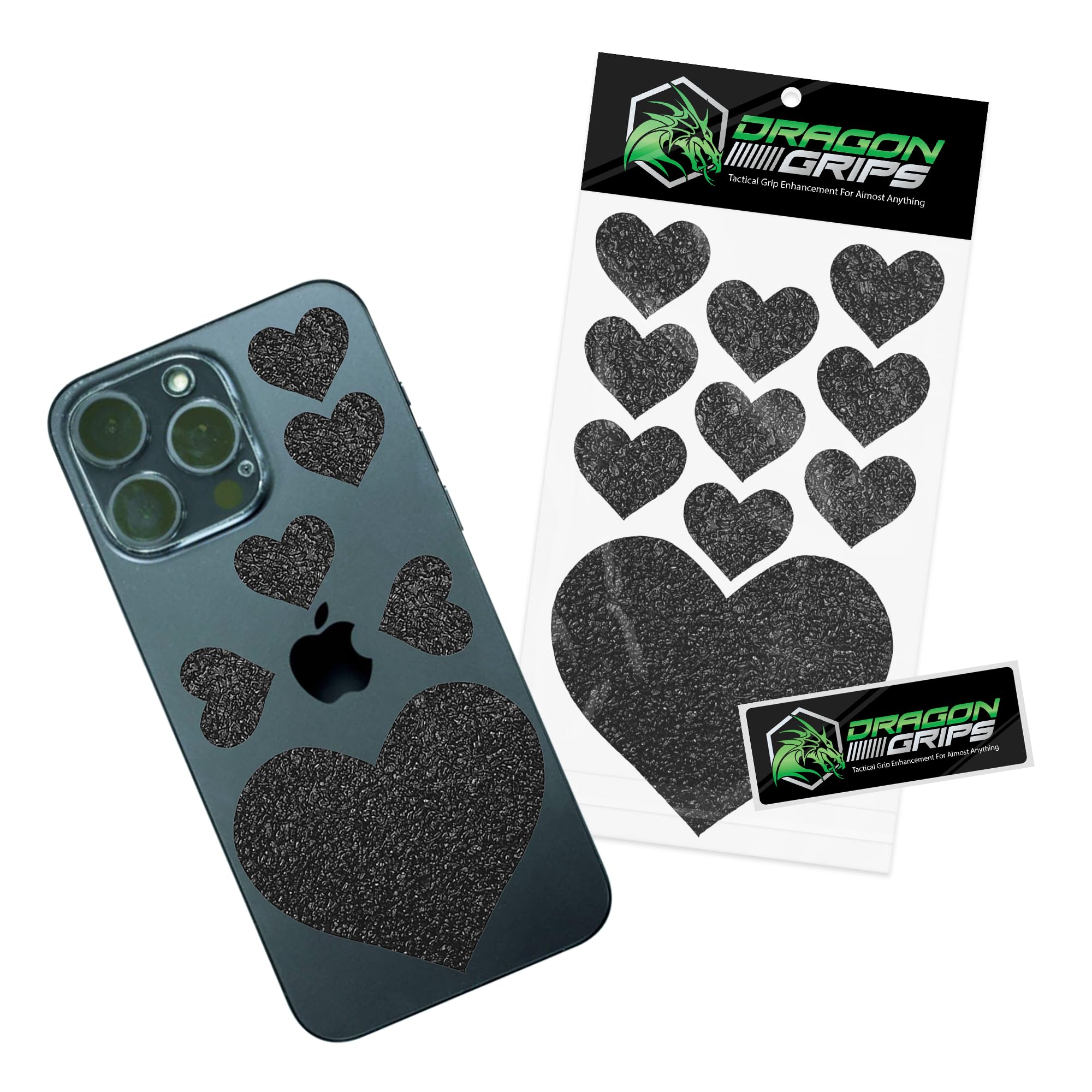 Dragon Grips Tactical Non-Slip Grip Tape Heart Stickers - 10PCS Black Textured Rubber Grip Decals for Enhanced Grip on Tablets, iPads, Laptops & Cell Phones - Self-Adhesive Multi-Purpose Grip Tape for Everyday Use in Home, Office, and Outdoor Activities