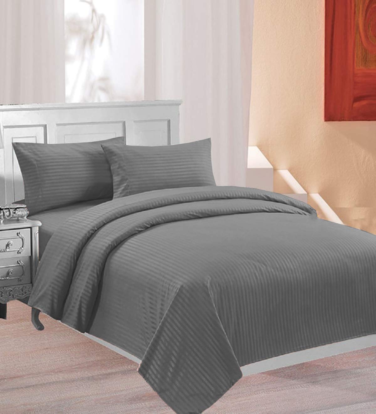 Premium 100% Long Staple Combed Cotton Pillow Cases - Standard Size 20x30 Inches, Cooling Breathable Fabric with 4-Inch Hem - Dark Grey Stripe for Bedroom, Guest Room & Hotel Use
