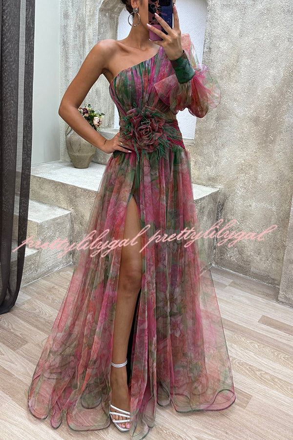 Elegant Floral Pleated One Shoulder Maxi Dress with Slit - Perfect for Weddings, Parties & Special Occasions