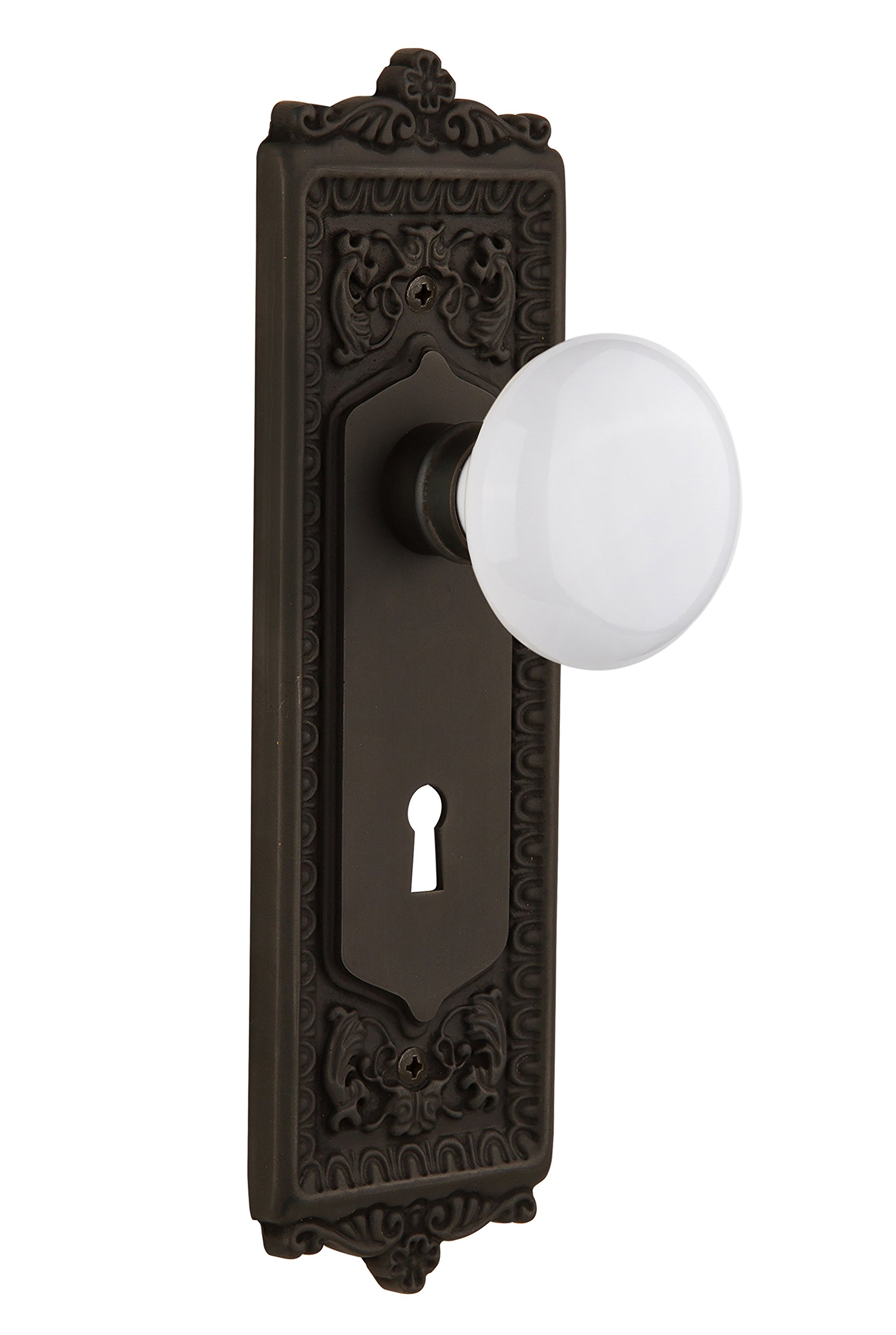 Vintage Egg & Dart Design White Porcelain Cabinet Knob with Keyhole - Single Dummy Door Pull in Oil-Rubbed Bronze Finish - Perfect for Kitchen Cabinets, Bathroom Vanities & Furniture Restoration