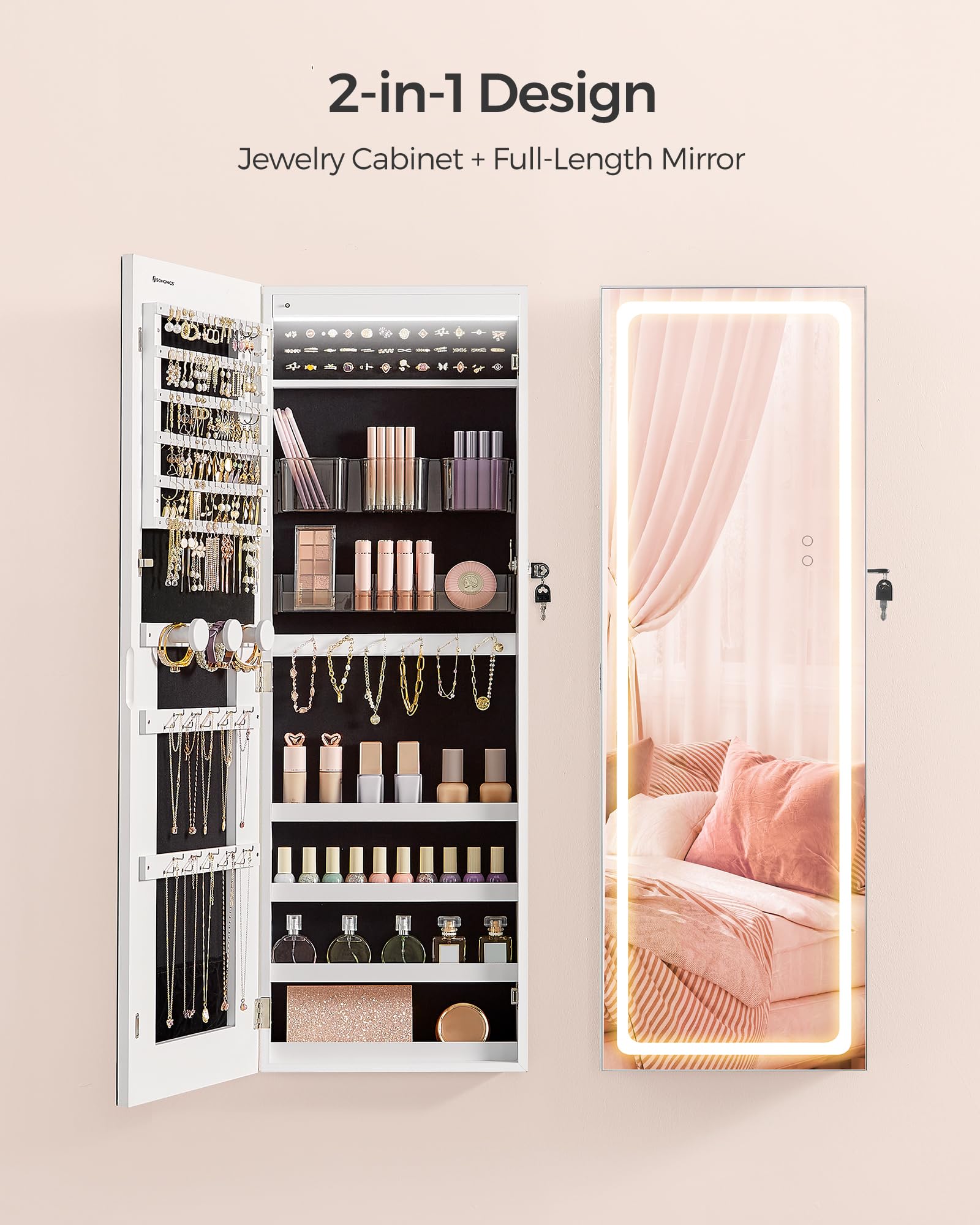 SONGMICS LED Mirror Jewelry Cabinet Armoire with 2 Cosmetic Organizers - Wall/Door Mounted Lockable Jewelry Storage Organizer, Frameless Mirror Cabinet for Bedroom, Bathroom & Dressing Room - White UJJC011W01
