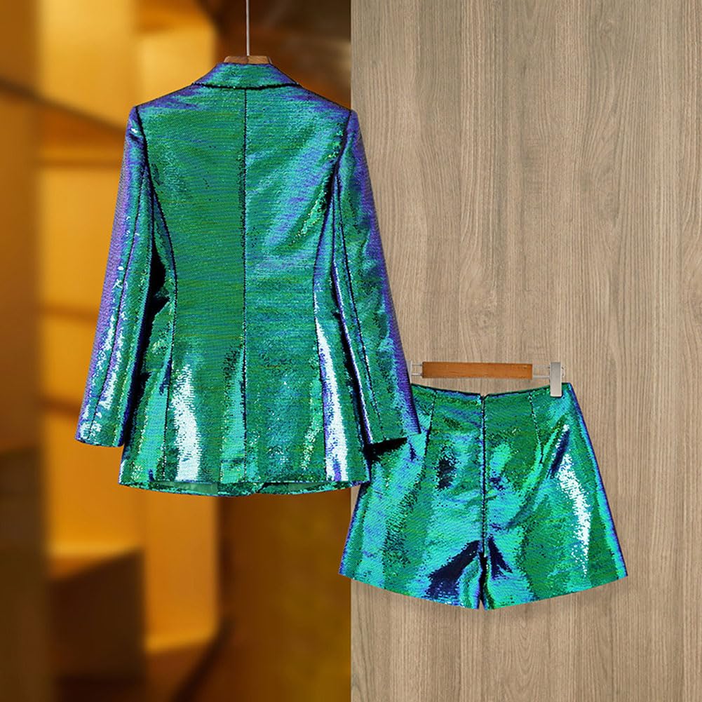 Women's Sparkly Sequins Blazer & Shorts Suit Set - 2 Piece Single Breasted Glitter Suit with Notch Lapel for Prom, Party & Special Occasions - Perfect for Night Out, Club Events & Formal Gatherings