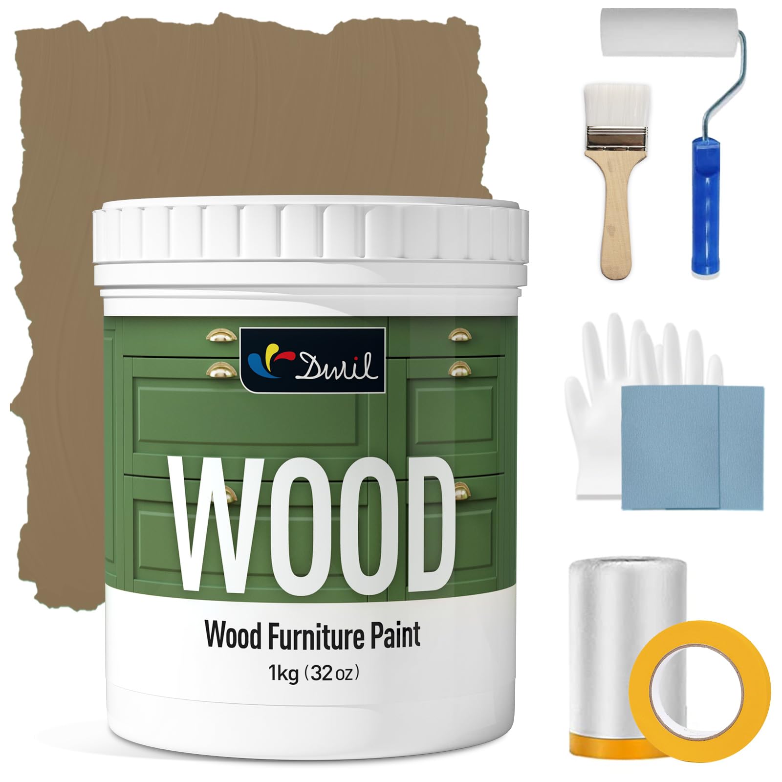 DWIL Matte Finish Furniture Paint - 32 Oz Water-Based Wood Paint for Cabinets, Doors, Tables & Dressers - Non-Toxic, Odorless, Easy to Apply (Greyish Yellow) - Includes Painting Tools - Perfect for DIY Home Renovation & Furniture Refinishing Projects