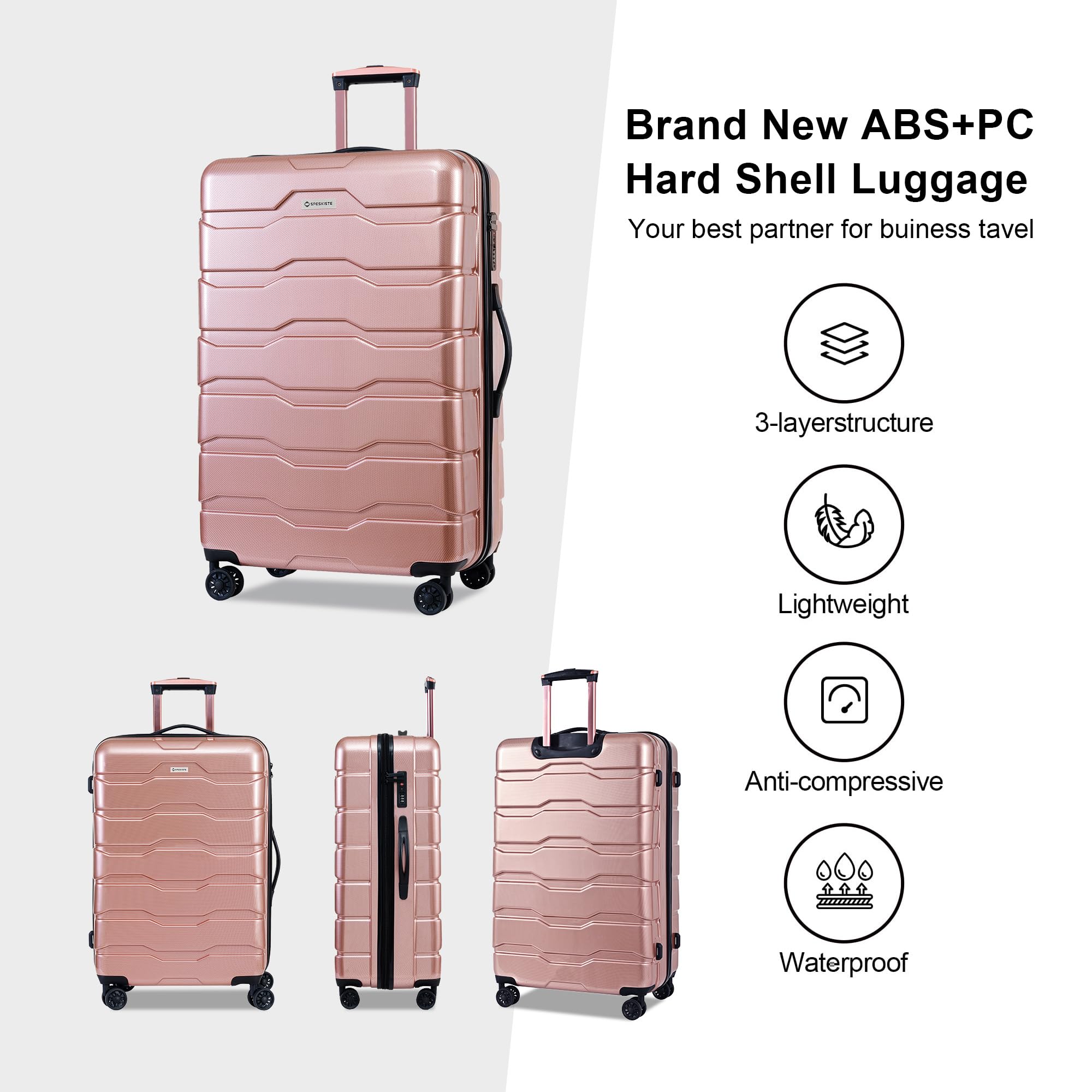 3-Piece Lightweight Hard Shell Luggage Set with Spinner Wheels & TSA Lock - Rose Gold (20/24/28 Inch) - Perfect for Travel, Business Trips & Vacations