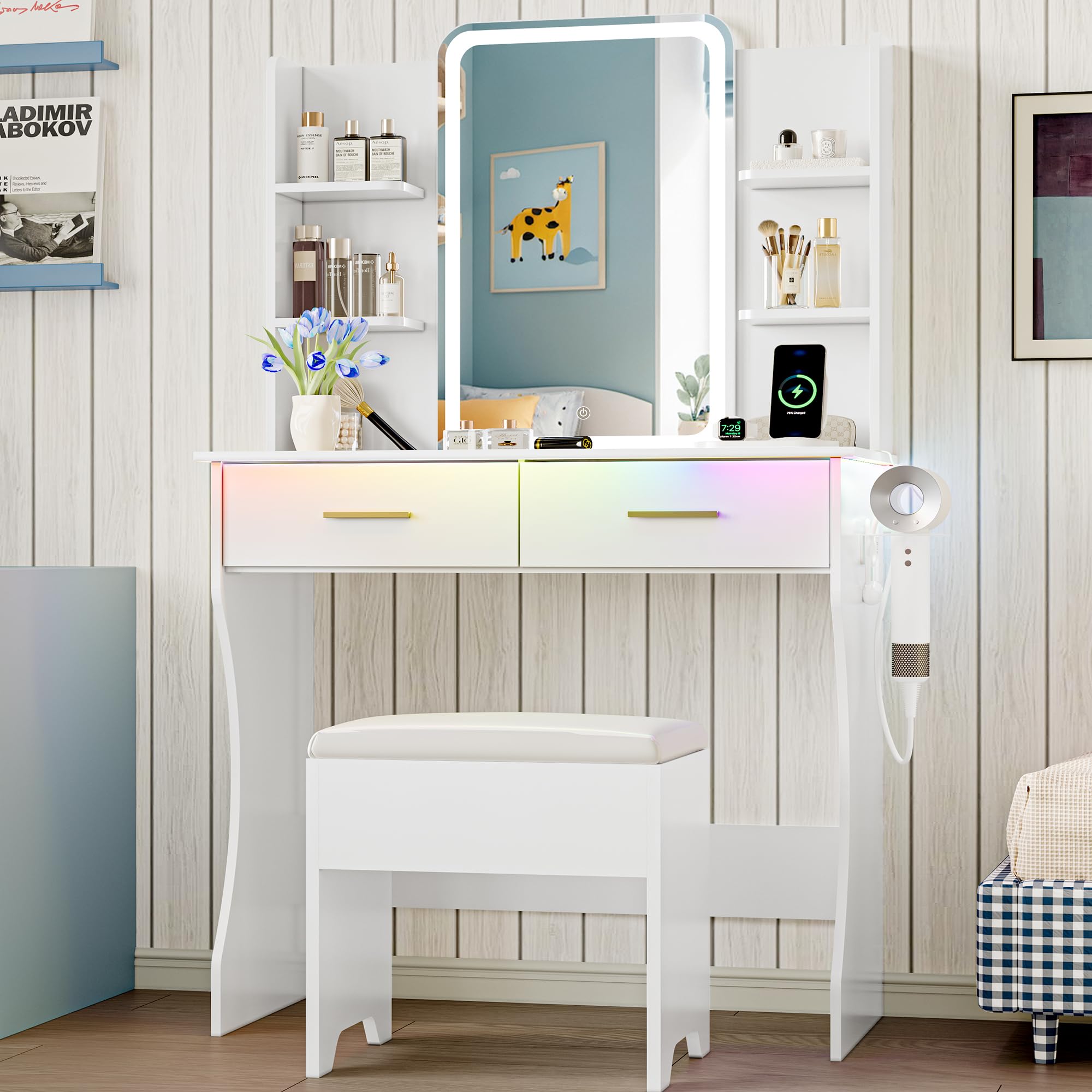 Vanity Desk with LED Lights Mirror & Power Outlet - Small Makeup Vanity Table Set with Storage Drawers & Chair - 3 Lighting Modes & Adjustable Brightness - Dressing Table for Women & Girls Bedroom - Perfect for Makeup, Skincare & Hair Styling - White