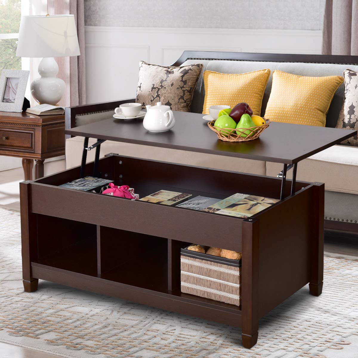 Lift Top Coffee Table with Hidden Storage Compartment & Display Shelves - Retro Espresso End Table for Living Room, Bedroom, Home & Office - Perfect for Tea Time, Dining, and Extra Storage Space