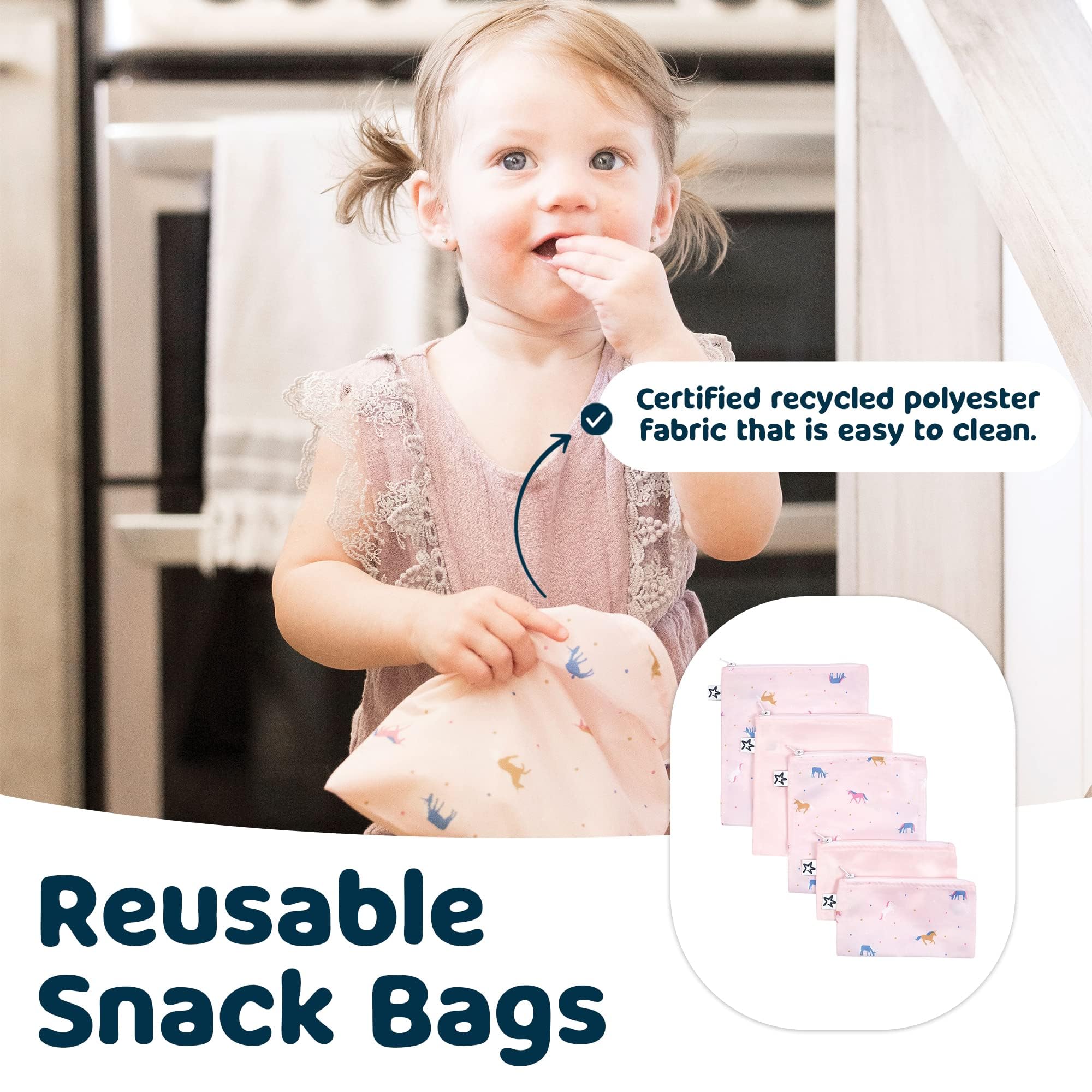 Tiny Twinkle 3-Pack Reusable Snack Bags | Eco-Friendly, PFAS/PVC/BPA/Phthalate-Free | Machine Washable Food Storage for Babies & Toddlers | Perfect for School Lunches, Picnics & On-the-Go Snacks (Unicorn Design)