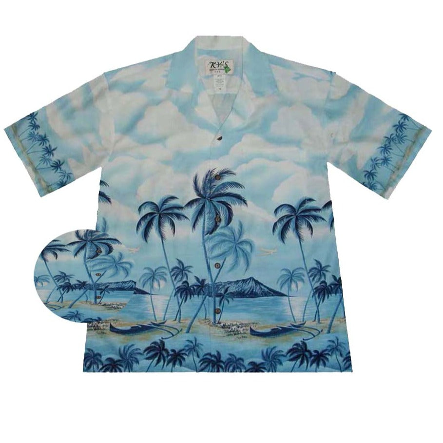 Premium Diamond Head Shoreline Cotton Aloha Shirt for Men - Hawaiian Beach Vacation Shirt, Casual Summer Wear, Tropical Island Style for Beach Parties & Luau Events