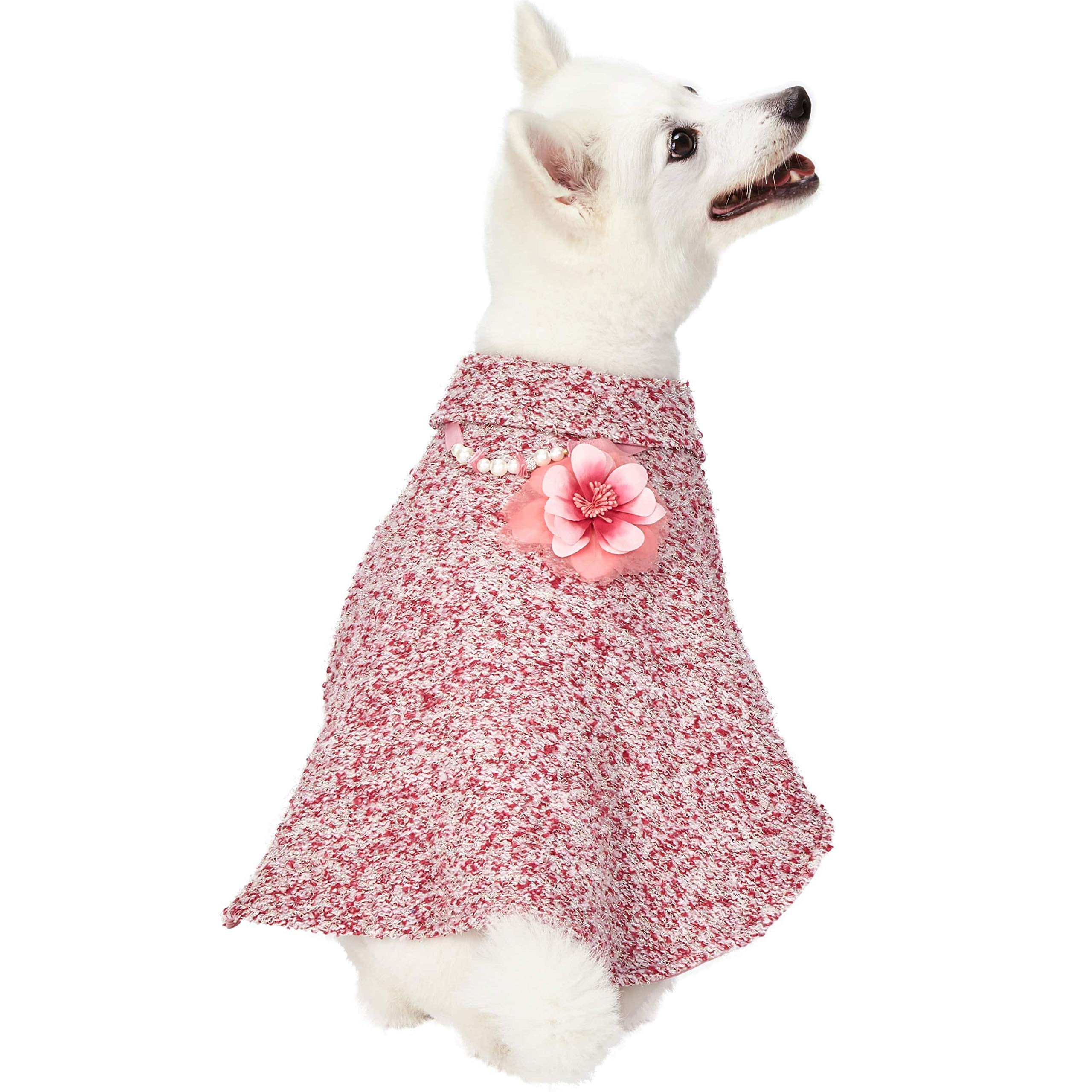 All-Weather Handmade Knit Dog Poncho - Blueberry Pet Marled Cerise Red Cape with Detachable Necklace & Flower, 10