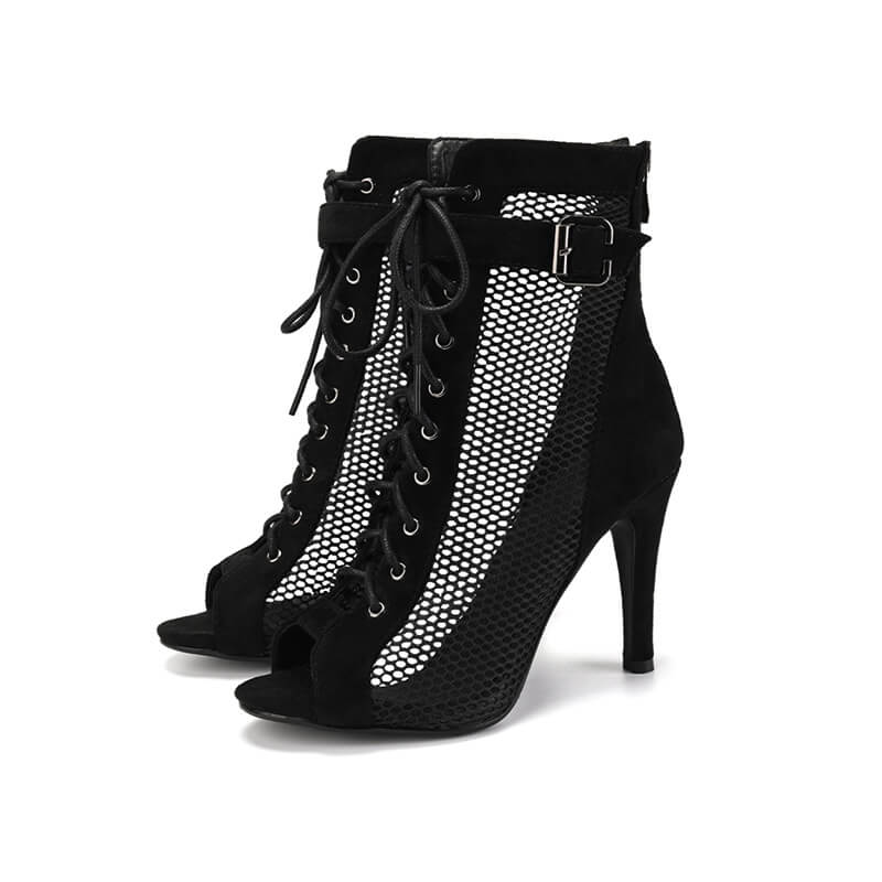 Women's Suede & Mesh High Heel Boots with Side Buckle - Stylish Ankle Boots for Party, Night Out & Office Wear