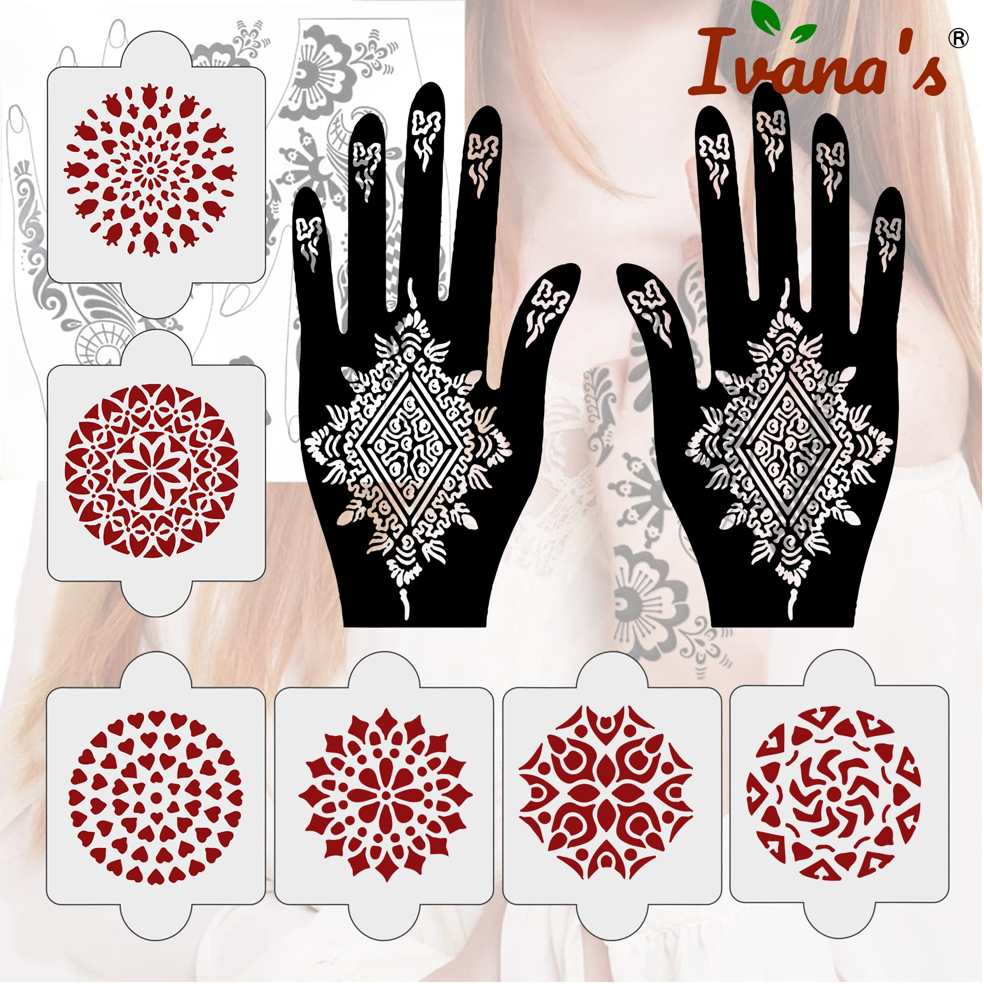 8 Pcs Henna Stencil Tattoo Kit - 2 Temporary Tattoo Stencils + 6 Reusable PVC Mehendi Stickers for Hands - Easy DIY Body Art for Women, Girls & Kids - Perfect for Weddings, Parties & Festivals (NIV-037)