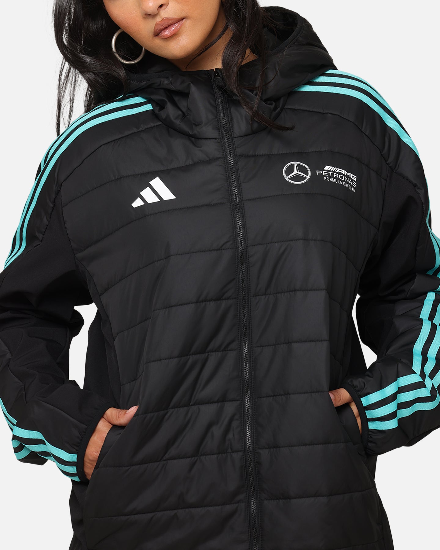 Adidas x Mercedes AMG PETRONAS F1 DNA Puffer Jacket for Men - Black & White Winter Coat for Racing Fans & Outdoor Activities