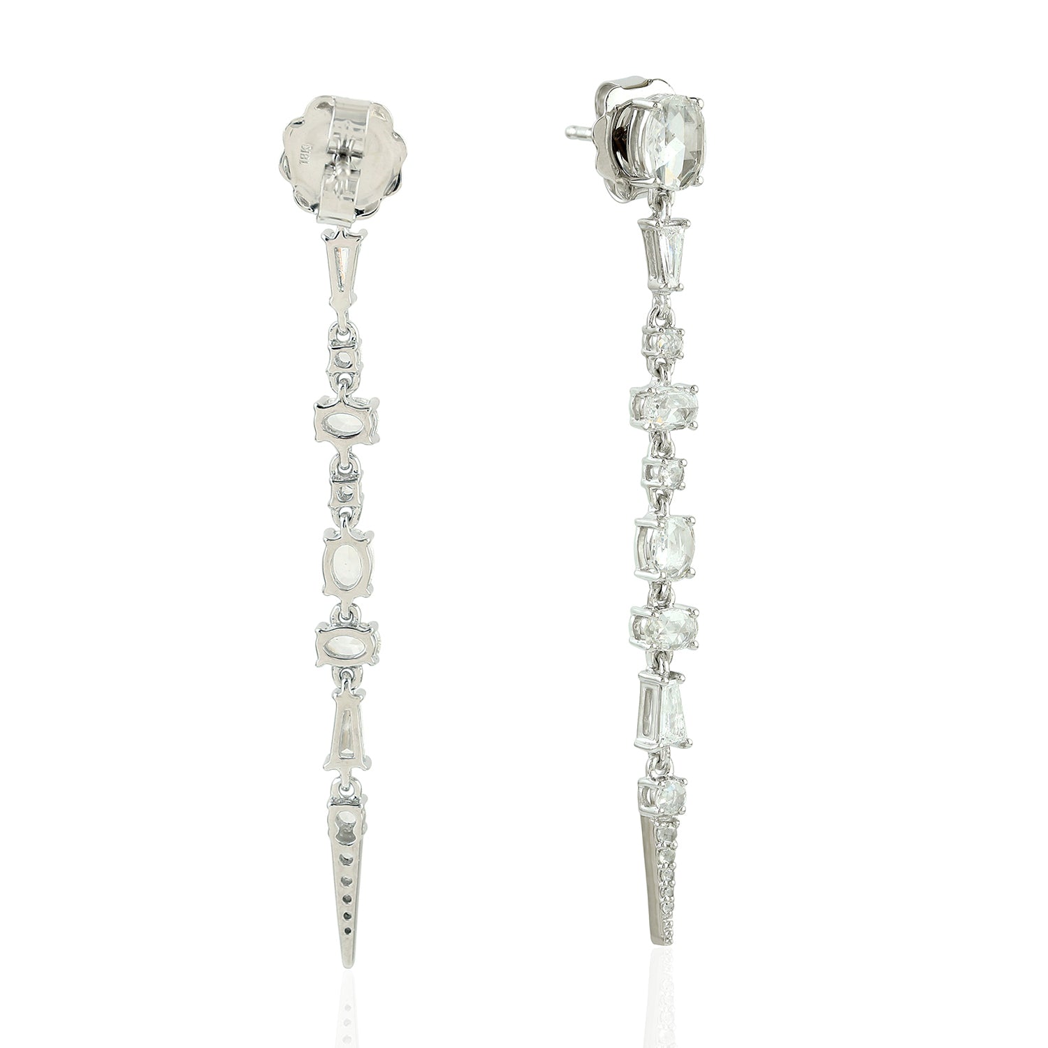 18K White Gold Rose Cut Baguette Diamond Drop Earrings – Elegant Dangle Earrings for Weddings, Parties & Special Occasions
