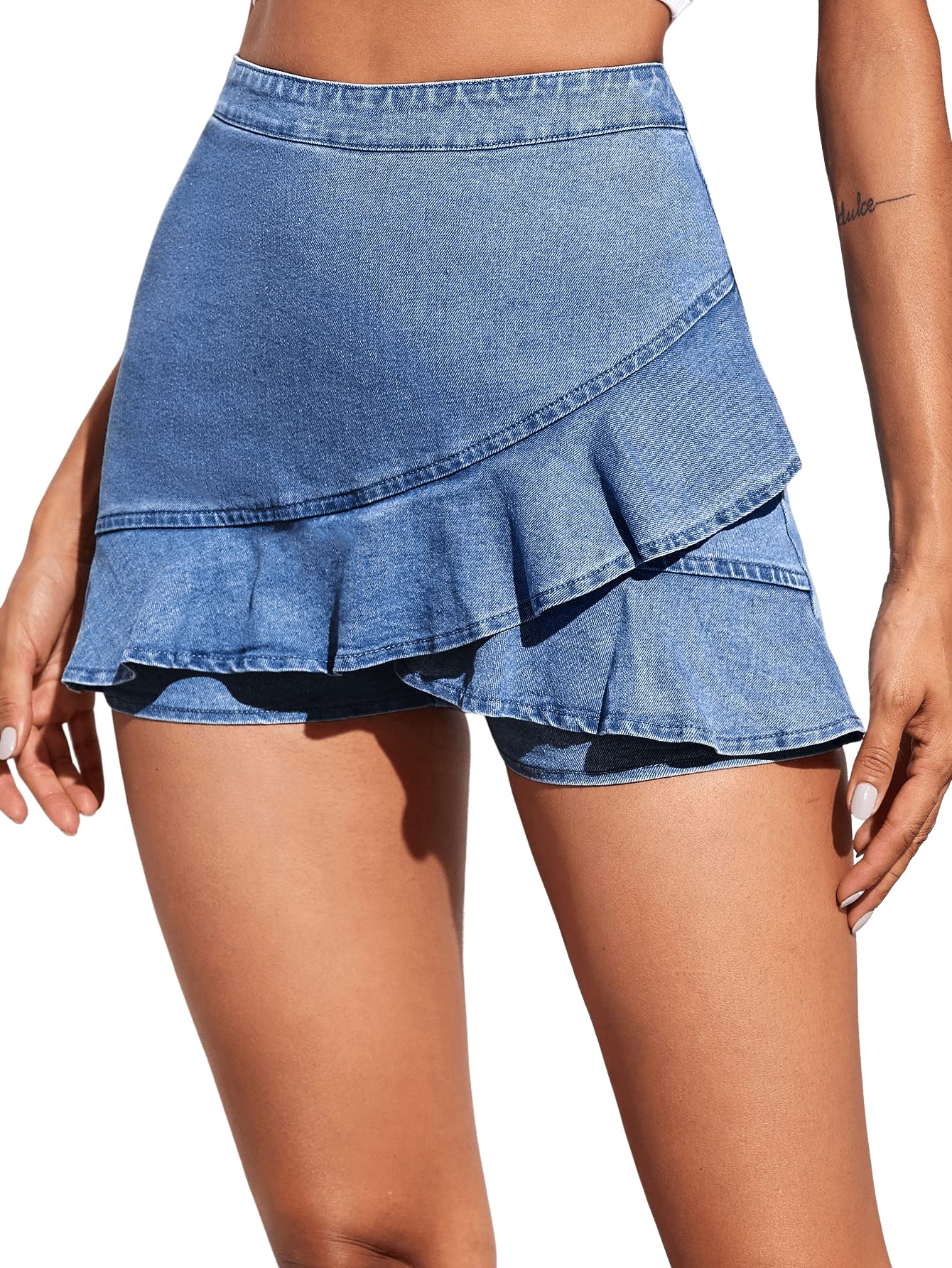 SweatyRocks Women's High Waisted Denim Skort with Ruffle Trim - Stretch Zip Up Layered Jean Shorts for Casual Wear, Summer Outfits & Beach Vacations