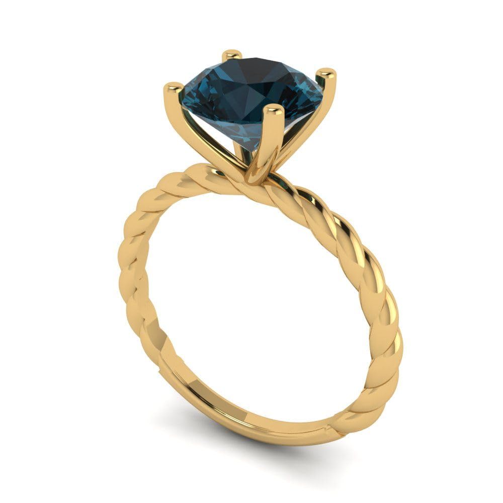2.1 Carat Round Cut Solitaire Rope Twisted Knot London Blue Topaz Engagement Ring - 18K Yellow Gold Wedding Band for Brides, Anniversary Gift & Special Occasions