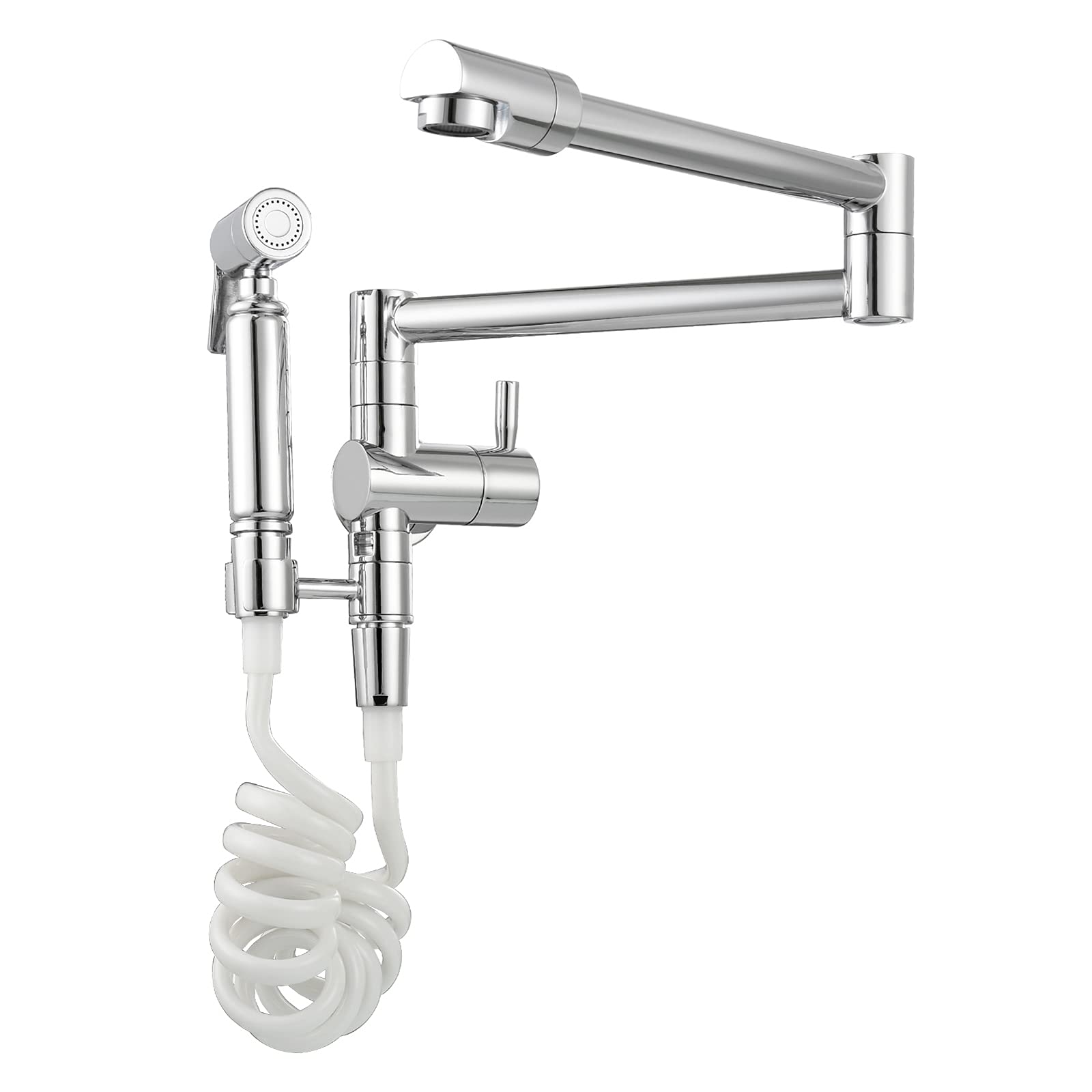 Biveah 360° Rotating Brass Wall Mounted Kitchen Sink Faucet with Sprayer - Chrome Finish Pot Filler Tap for Easy Cooking & Filling Large Pots (Model KLB001C) | Perfect for Home Chefs & Commercial Kitchens
