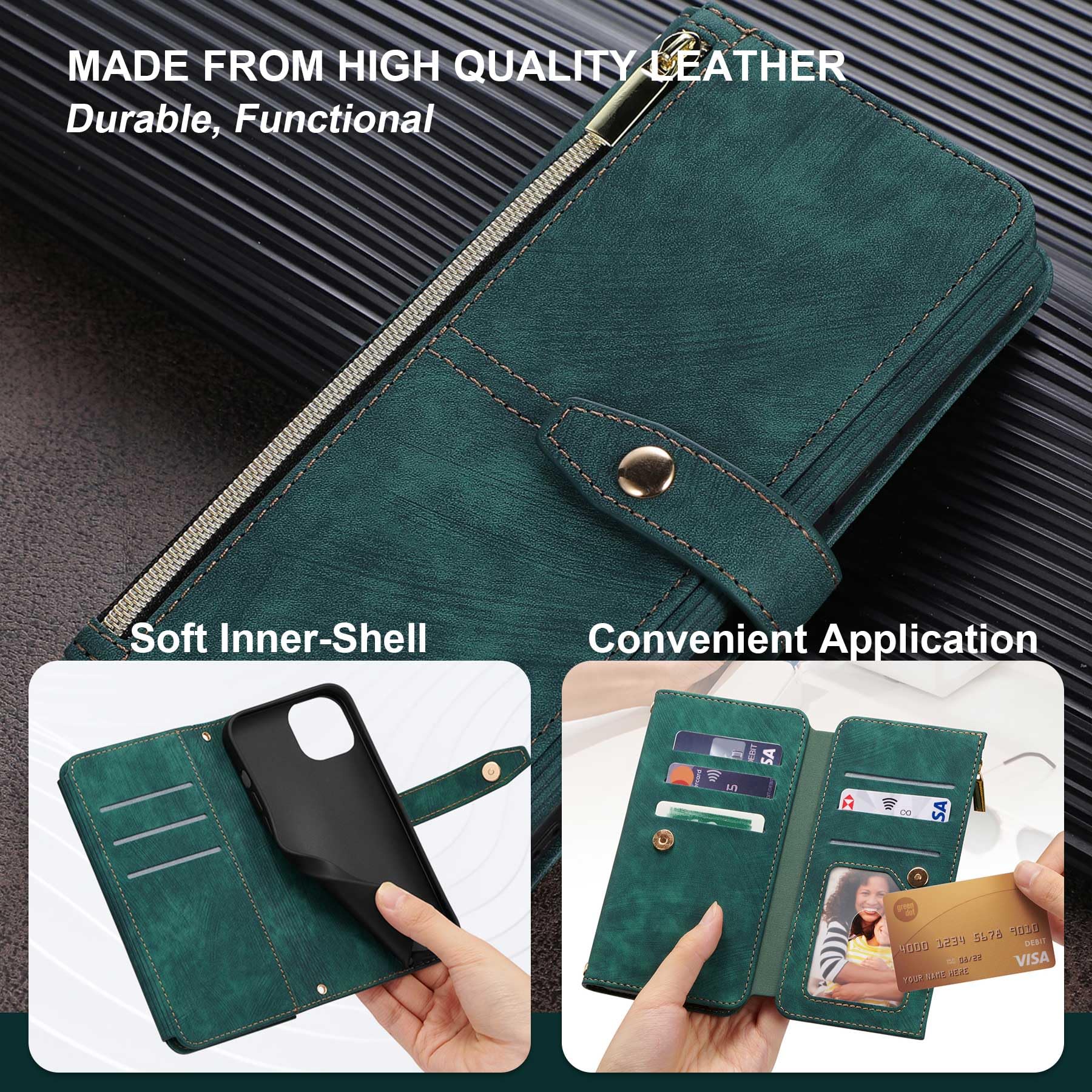Premium Zipper Leather Wallet Case for iPhone X/Xs - Flip Cover with Wrist Strap & Card Slots, Green | Perfect for Daily Use, Travel & Hands-Free Convenience