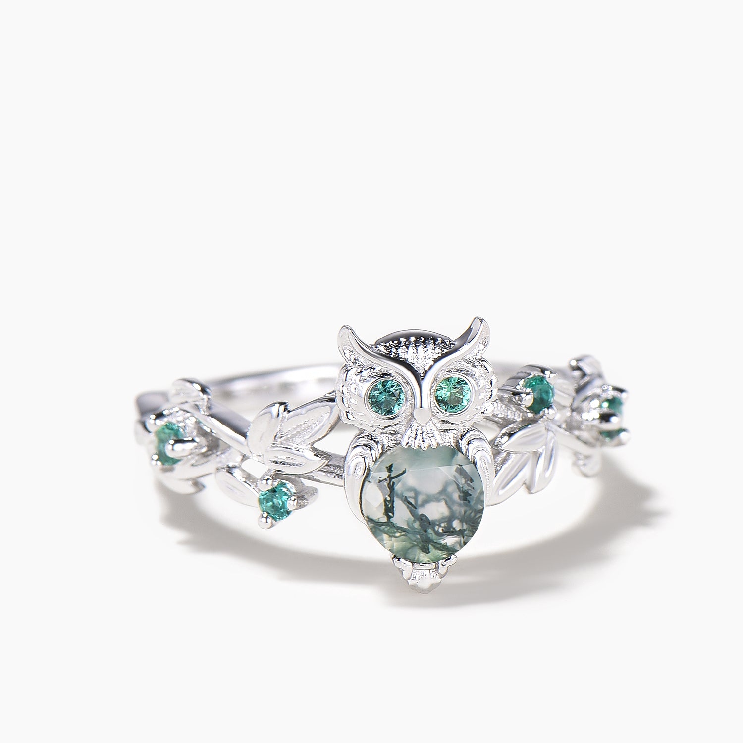 Natural Moss Agate Owl Engagement Ring - Round Cut Emerald Leaf Design, Nature Inspired Wedding Band for Women | Perfect for Proposals, Anniversaries, and Boho Chic Jewelry Lovers