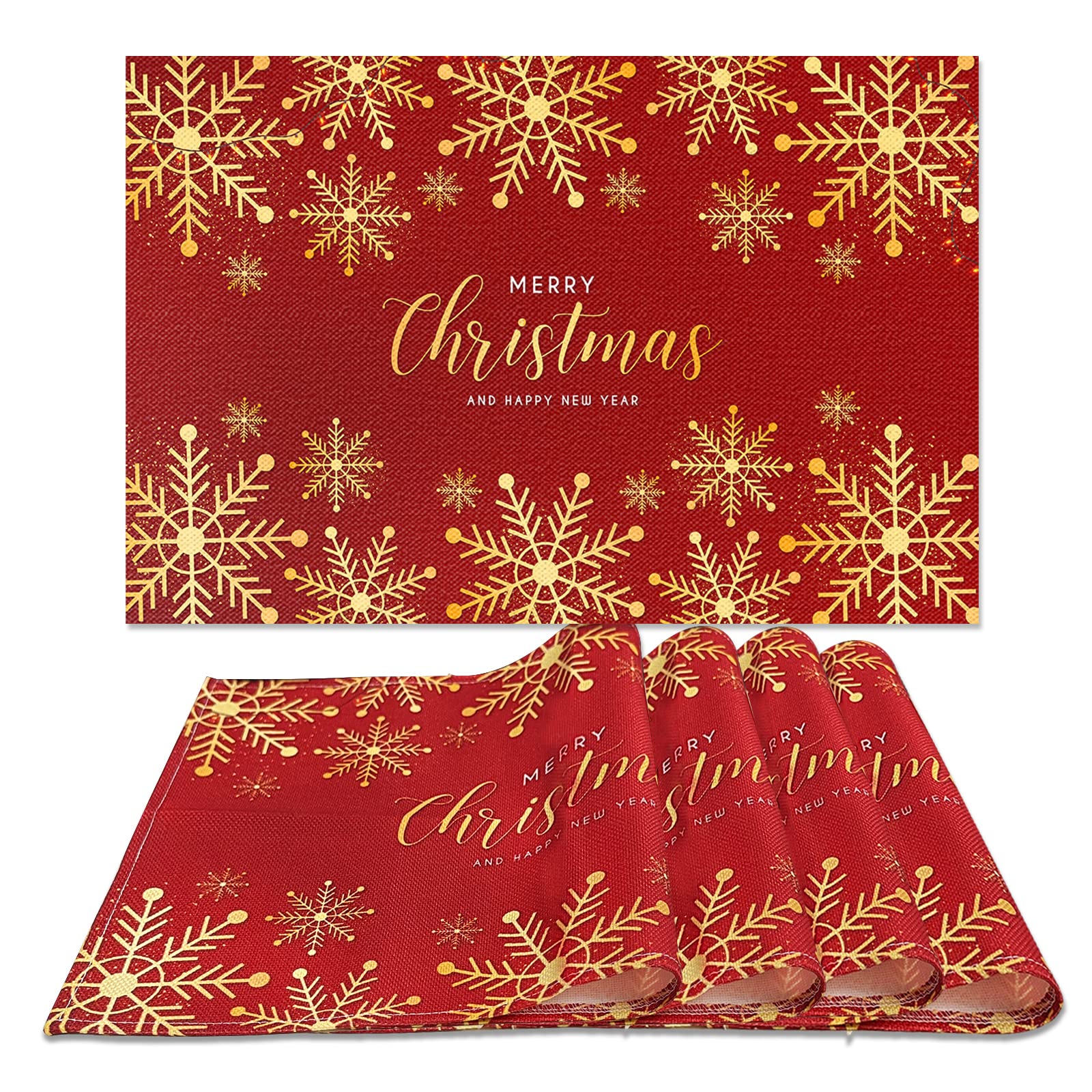 Christmas Snowflake Placemats Set of 4 - Red Cotton Linen Holiday Table Mats, Washable Non-Slip Heat Resistant for Kitchen & Dining Decor | Perfect for Winter Gatherings, Christmas Dinners & Festive Home Styling